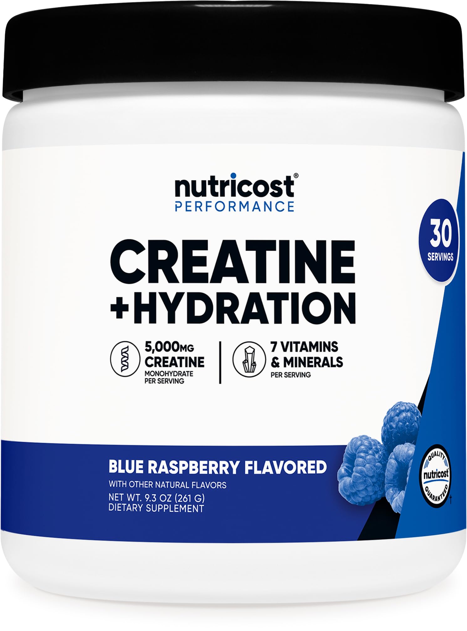 Nutricost Créatine Monohydrate, bouteille bleu-framboise, soutien potentiel à la récupération après l'entraînement.