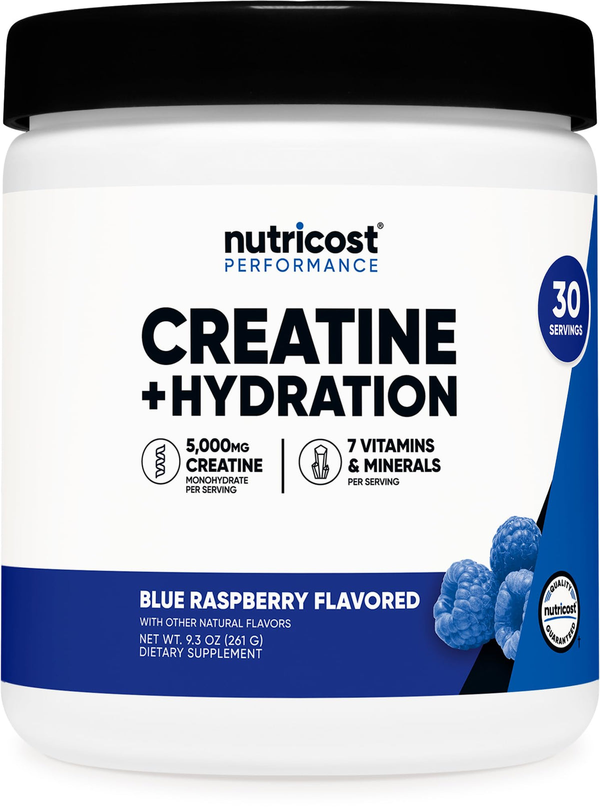 Nutricost Créatine Monohydrate, bouteille bleu-framboise, soutien potentiel à la récupération après l'entraînement.