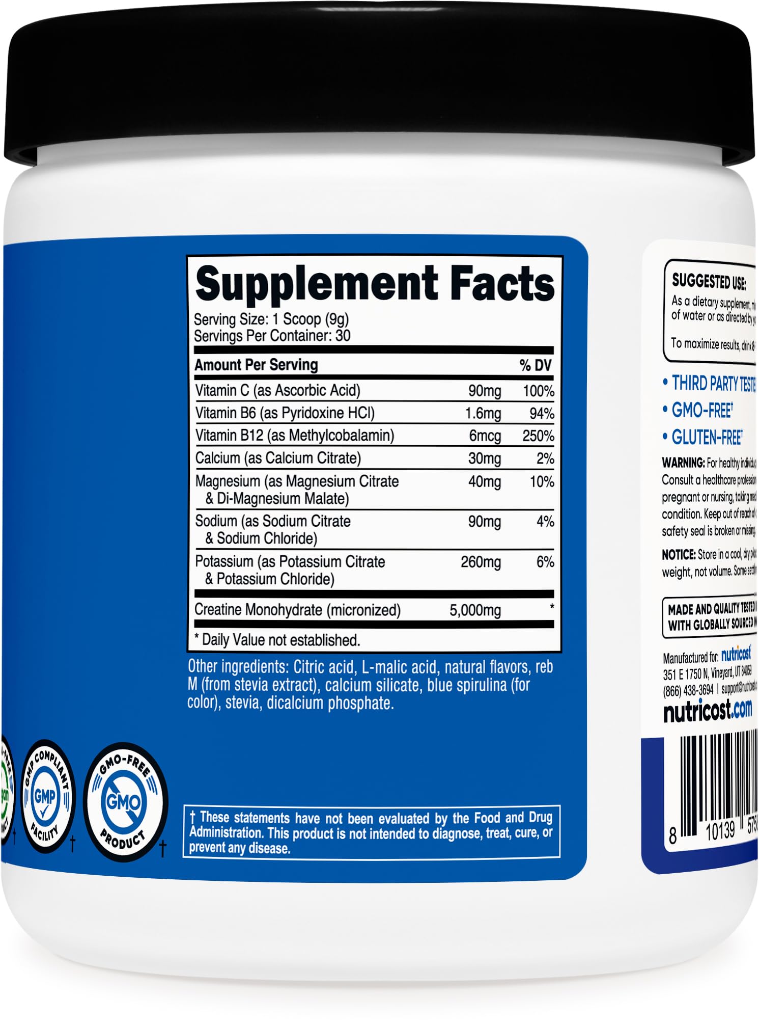 Nutricost Créatine Monohydrate, emballage bleu-framboise, produit végan et sans gluten.