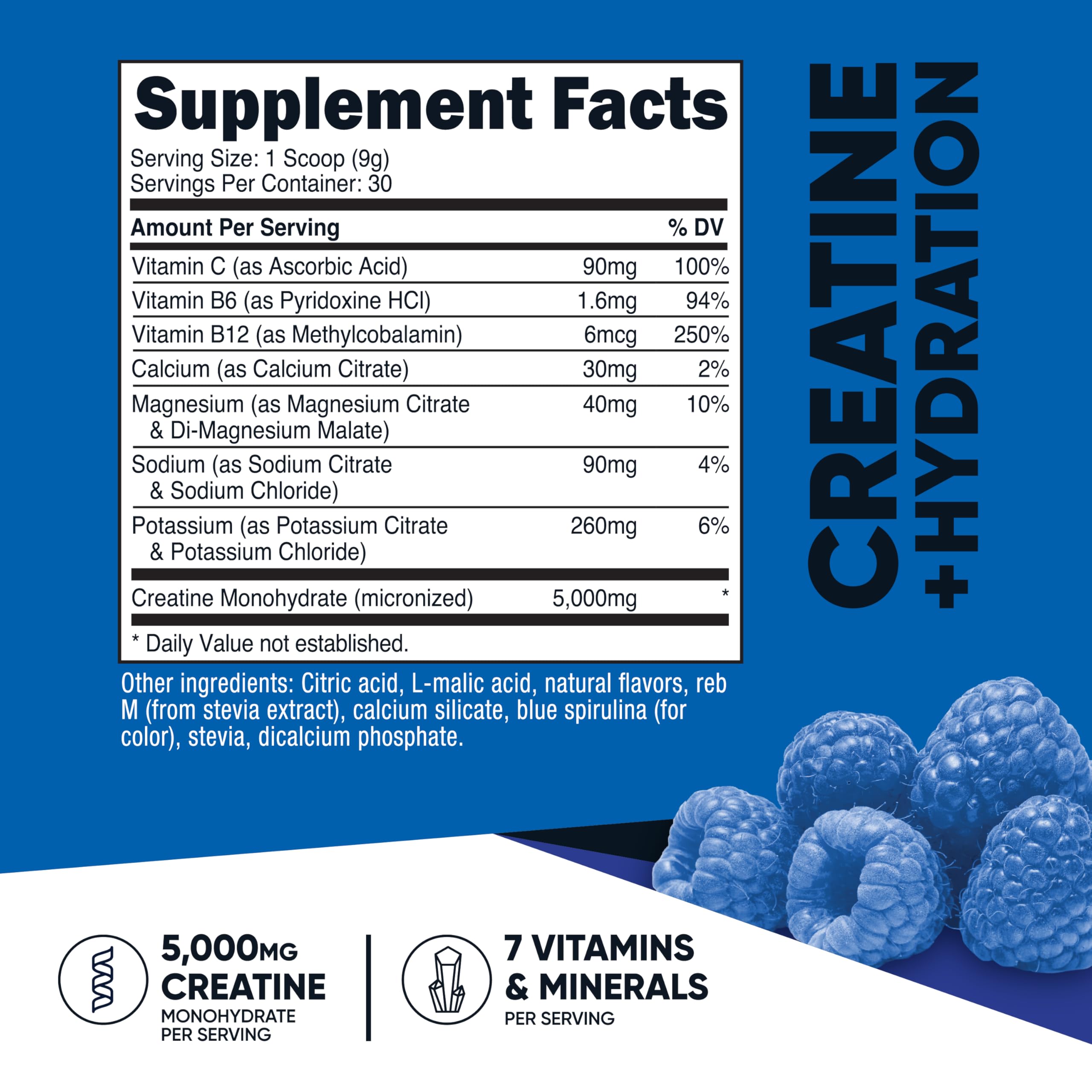 Nutricost Créatine Monohydrate, étiquette bleue-framboise, pratique pour mesurer les doses quotidiennes.