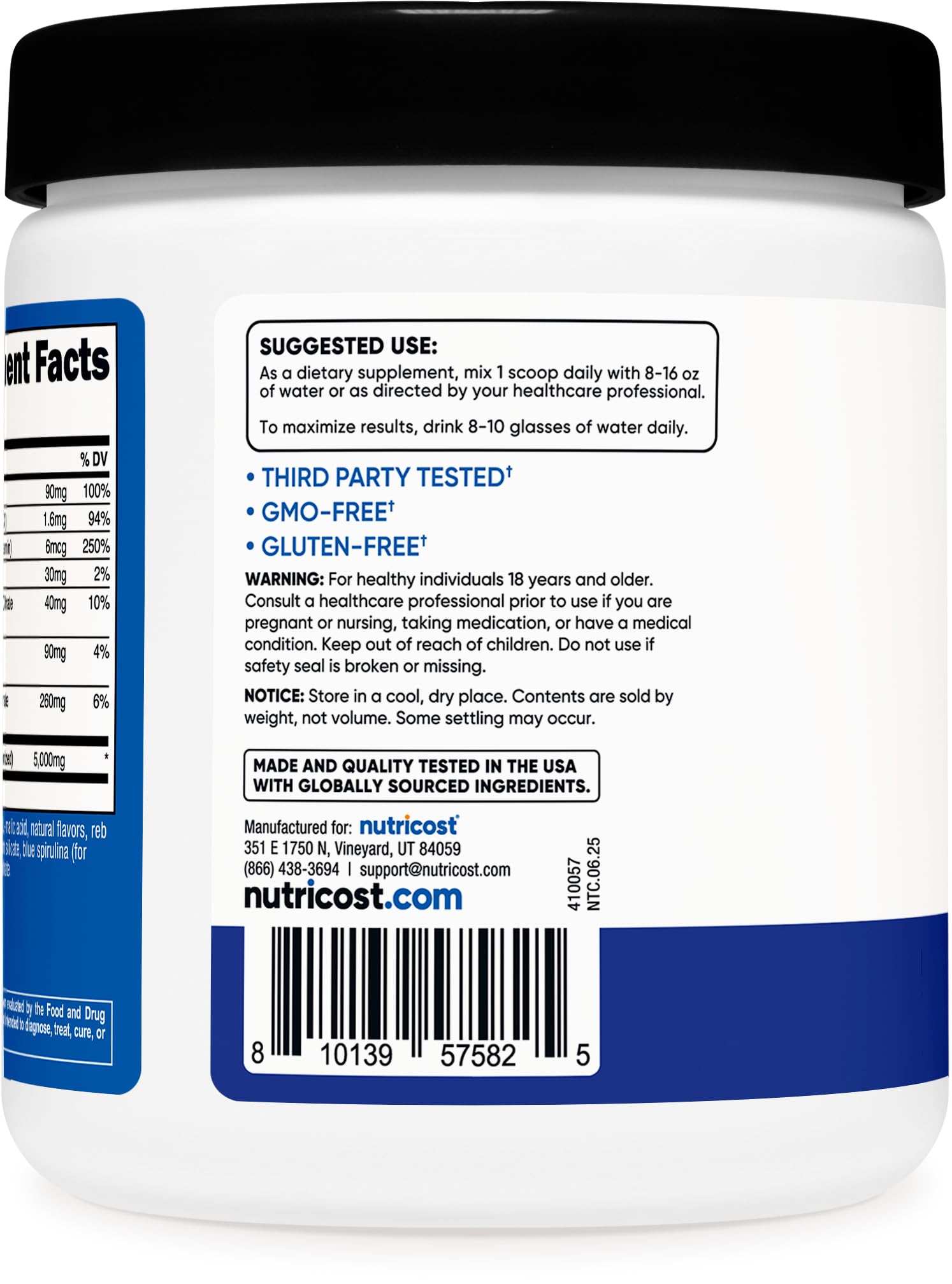 Nutricost Créatine Monohydrate, verre-dose bleu-framboise, ajuster les portions facilement.