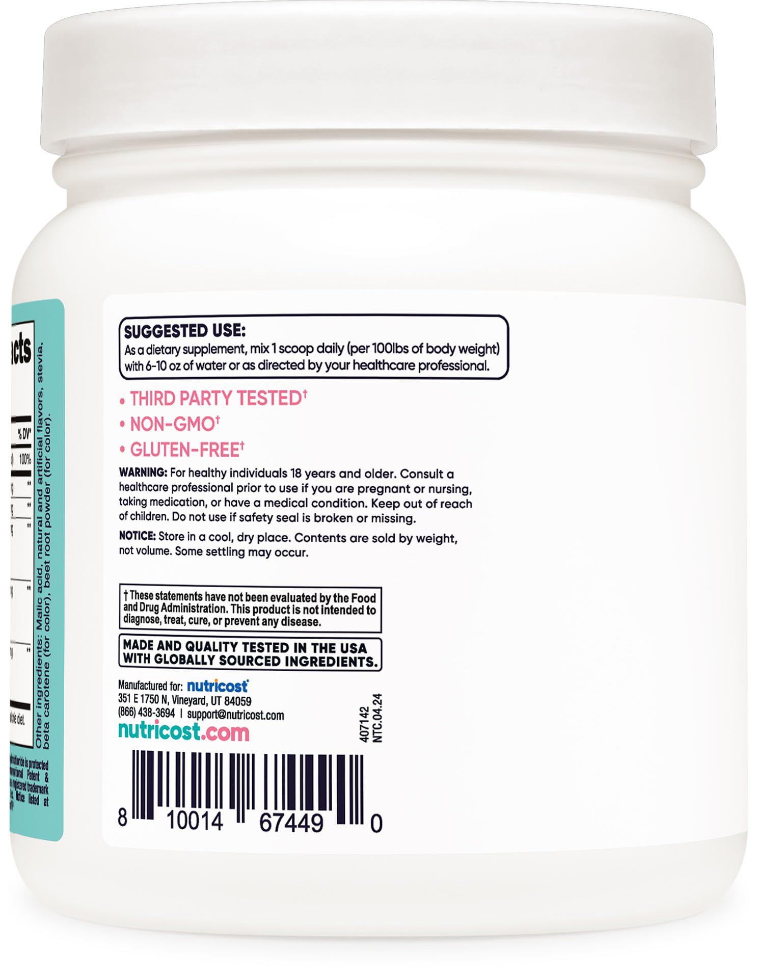 Nutricost Créatine Monohydrate – ingrédients avec extraits naturels visibles.