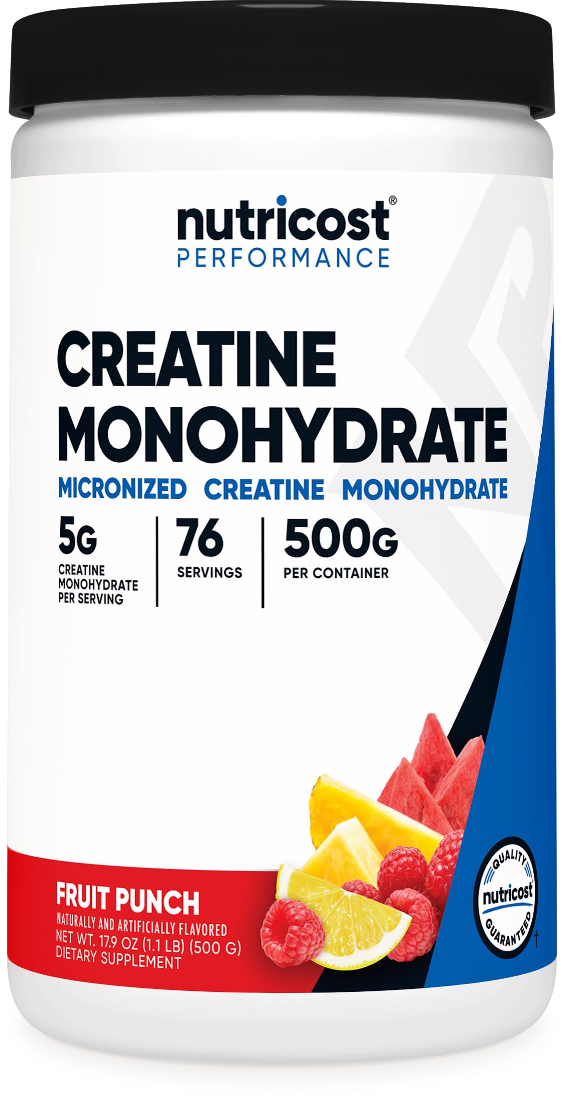 Nutricost Créatine Monohydrate Poudre, arôme fruits rouges, soutien potentiel à la performance sportive.