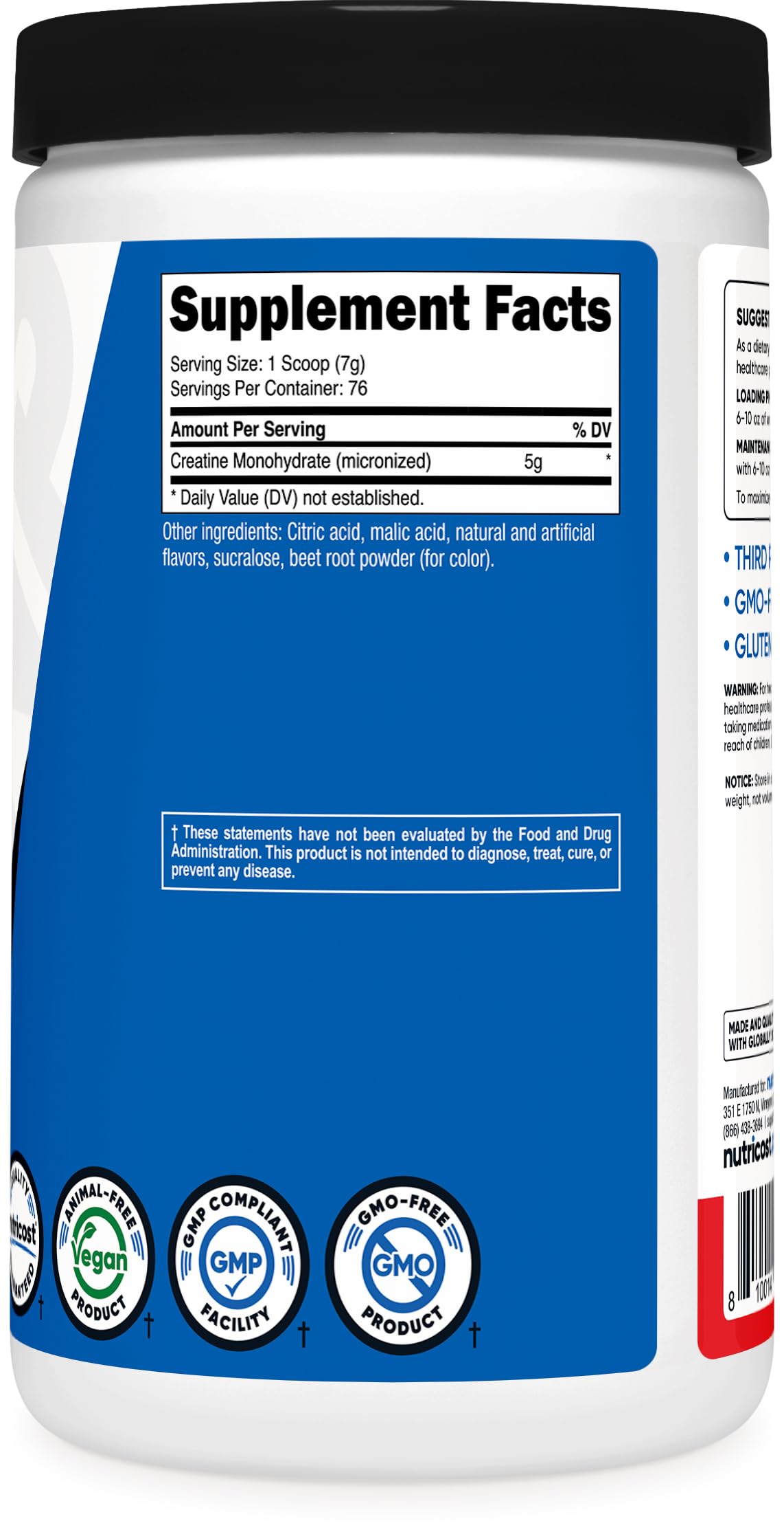 Nutricost Créatine Monohydrate Poudre, installations certifiées NSF et GMP.