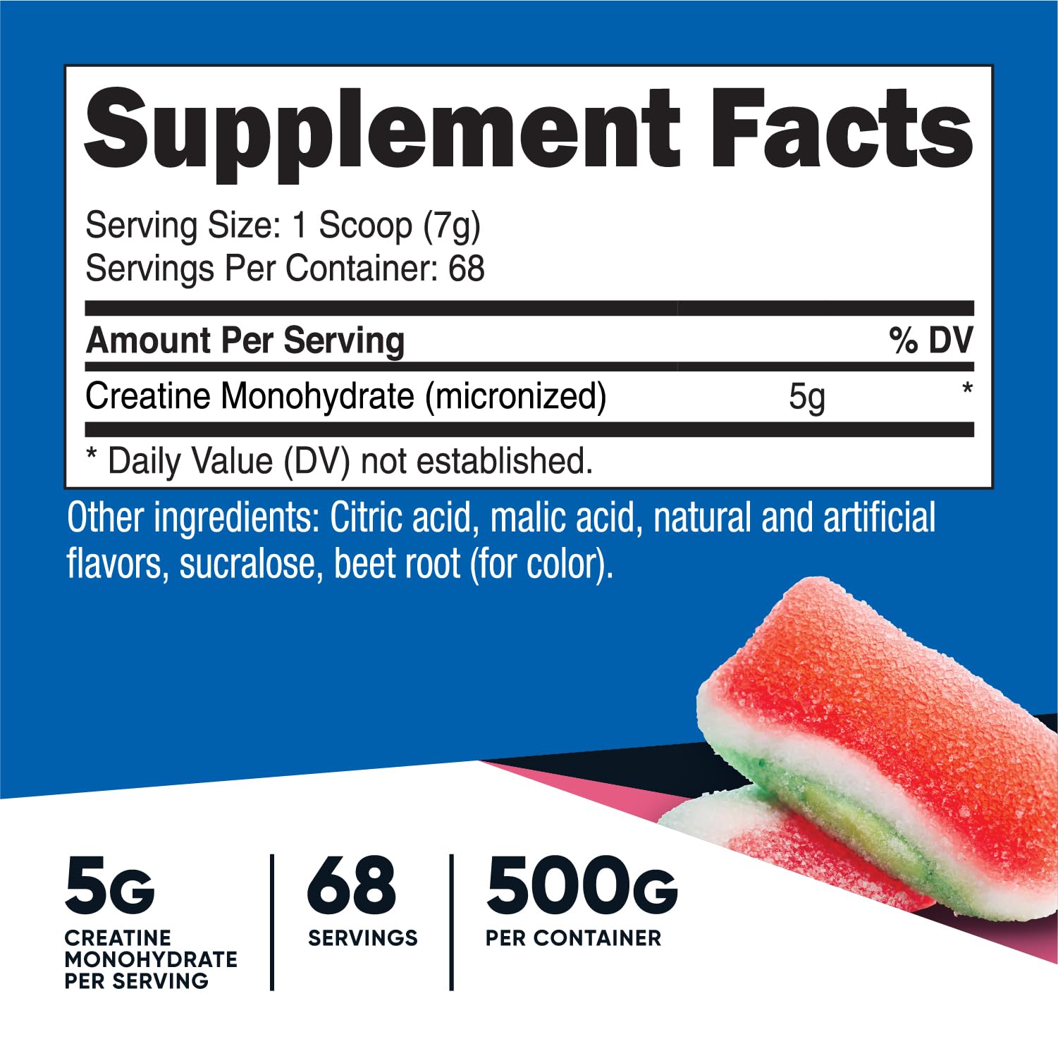 Nutricost Créatine Monohydrate Pastèque acidulée avec doseuse pratique pour portions faciles.