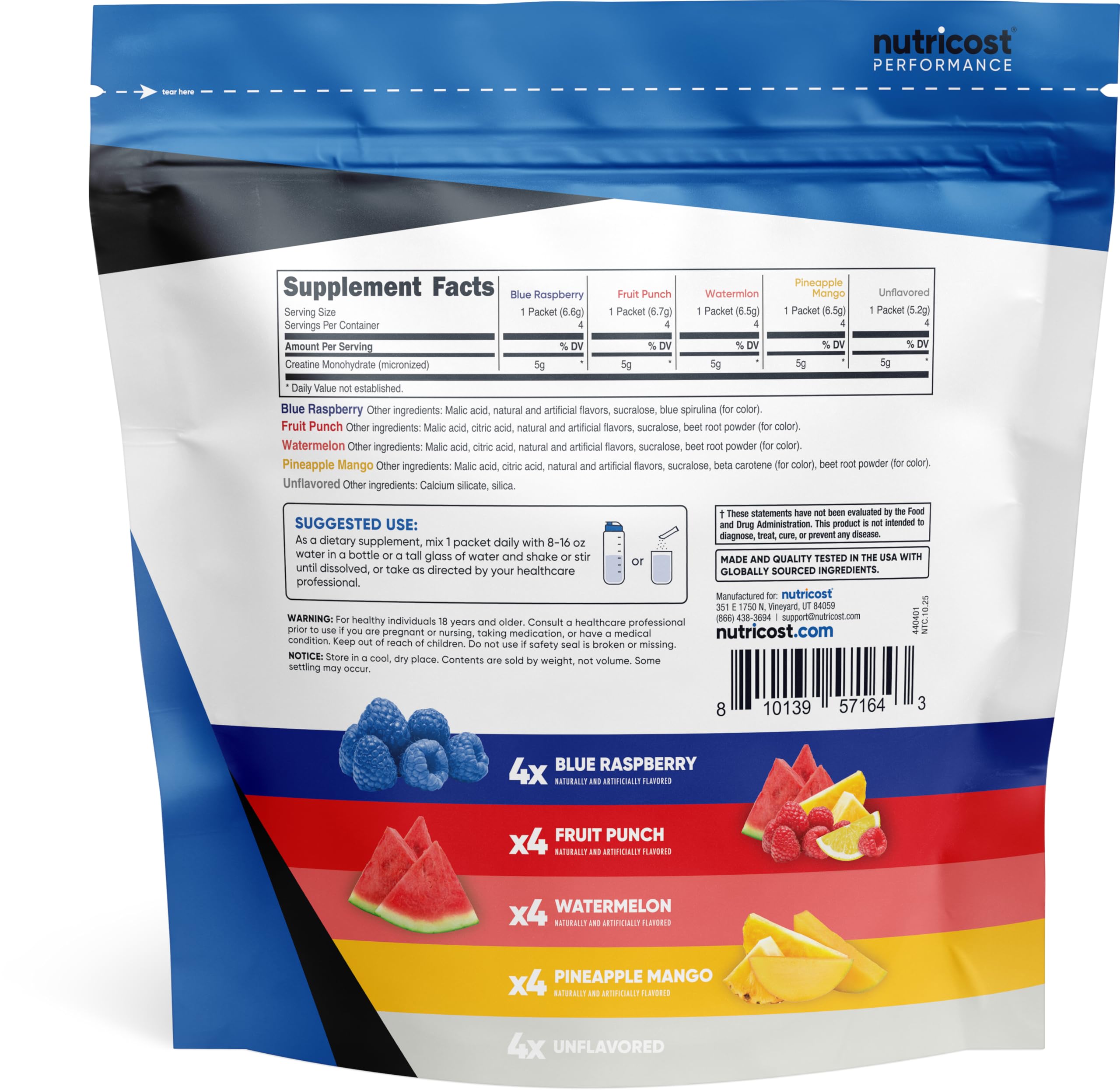 Nutricost Créatine Monohydrate Stickpack Naturel, goût neutre et dissolution facile