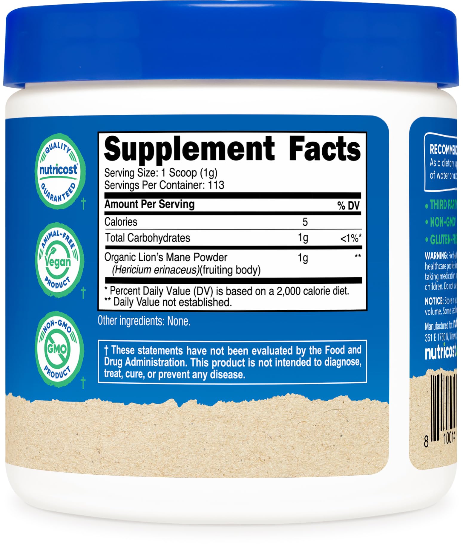 Nutricost Crinière de Lion Poudre — emballage pratique, stockage facile et frais.