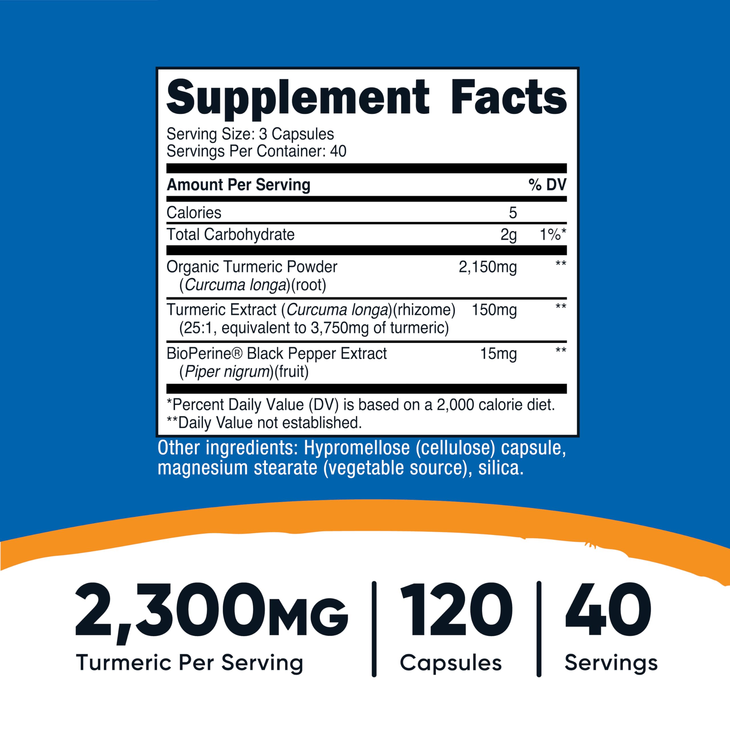 Nutricost curcuma 2300 mg par portion, capsules faciles à prendre.