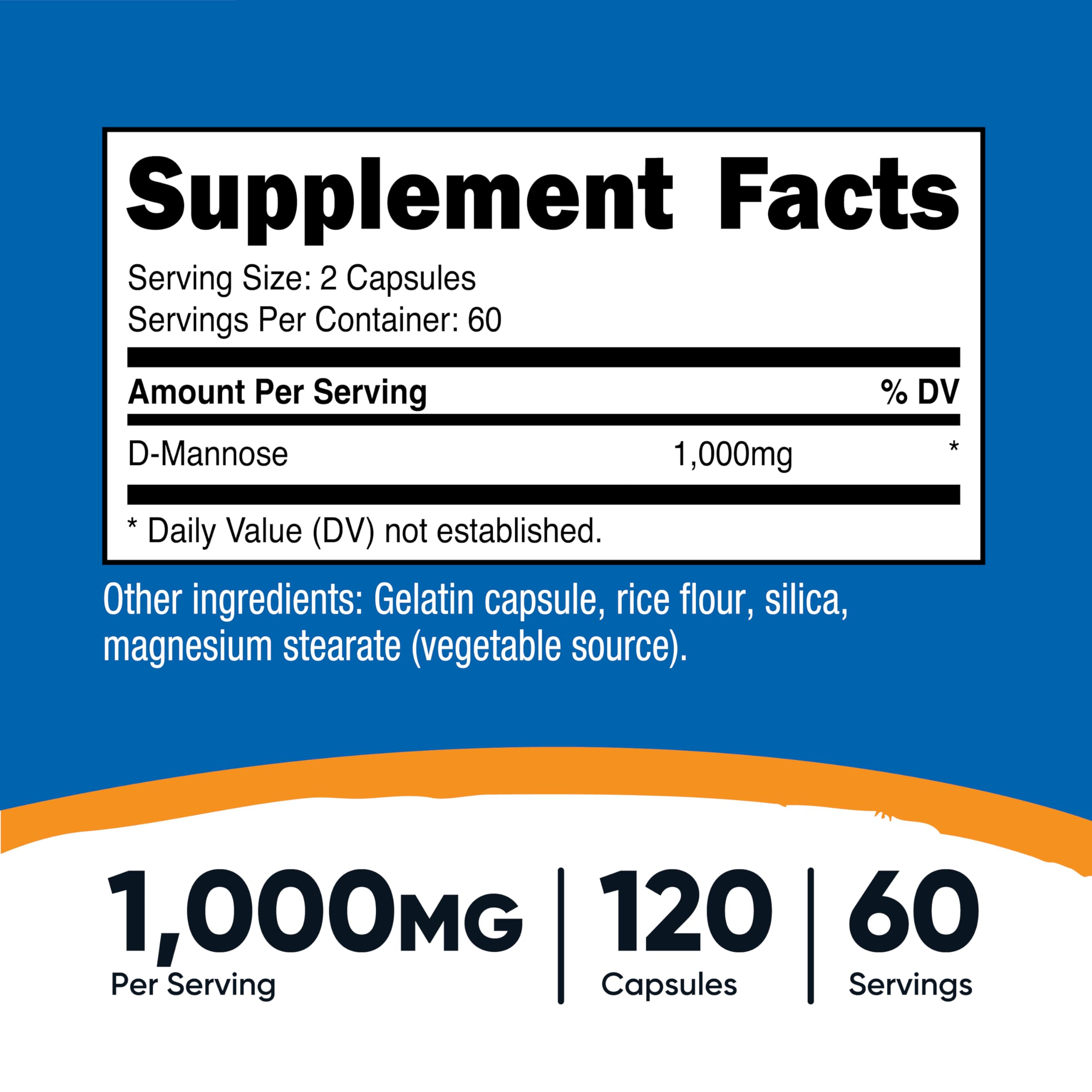 Nutricost D-Mannose dosage 1000 mg par portion pour une utilisation pratique.