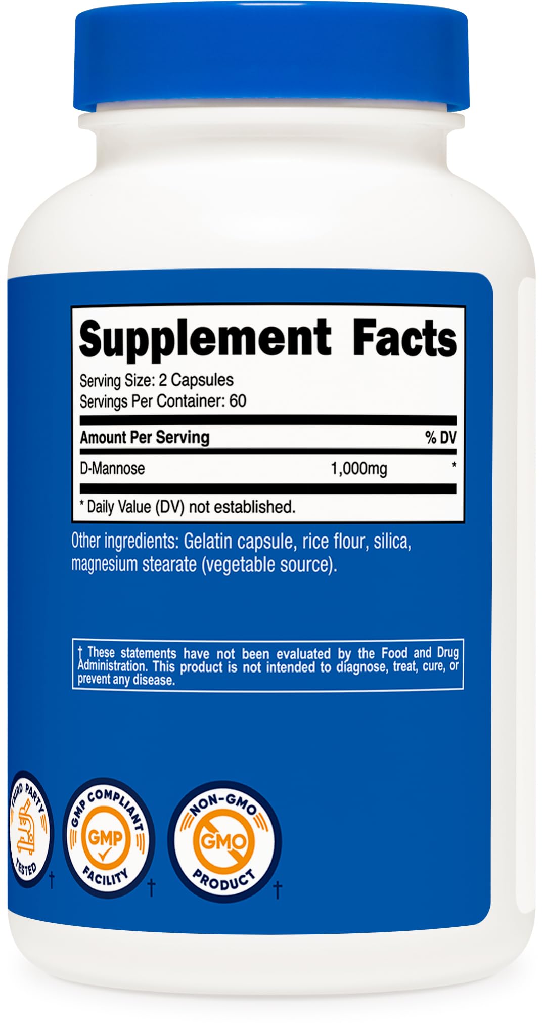 Nutricost D-Mannose emballage sans GMO et sans gluten pour plus de choix.