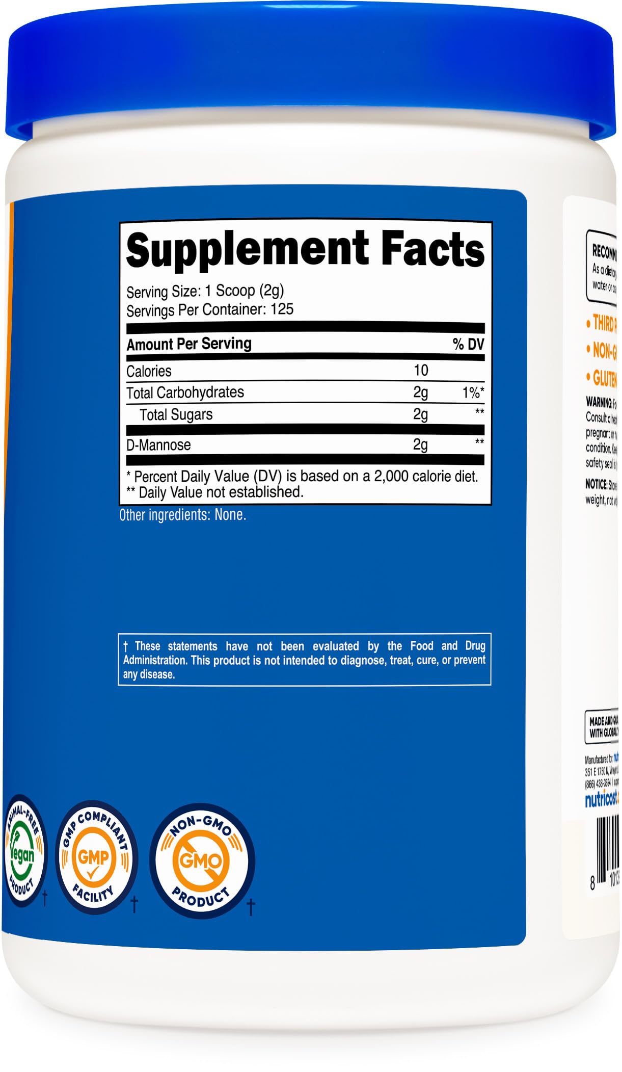 Nutricost D-Mannose – étiquette sans gluten et sans OGM.