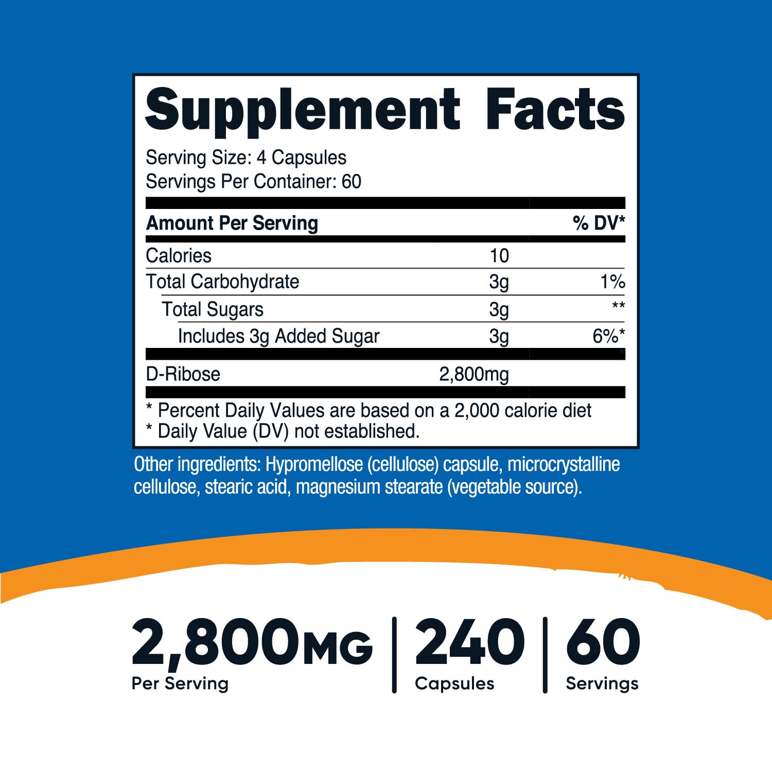 Nutricost D-Ribose, capsules prêt à être consommées pour une dose quotidienne pratique.
