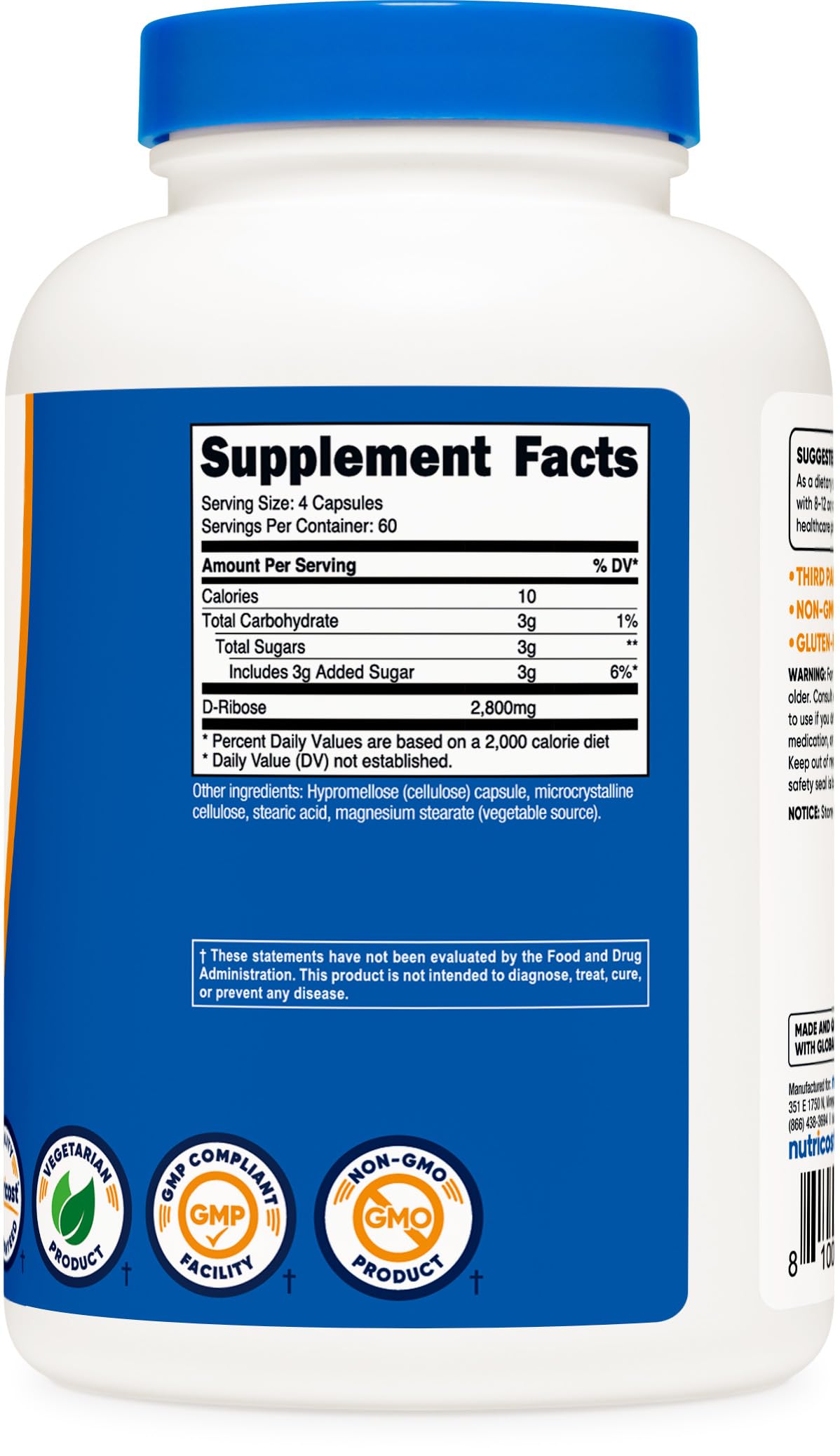 Nutricost D-Ribose : emballage présentant les caractéristiques sans gluten et sans OGM.