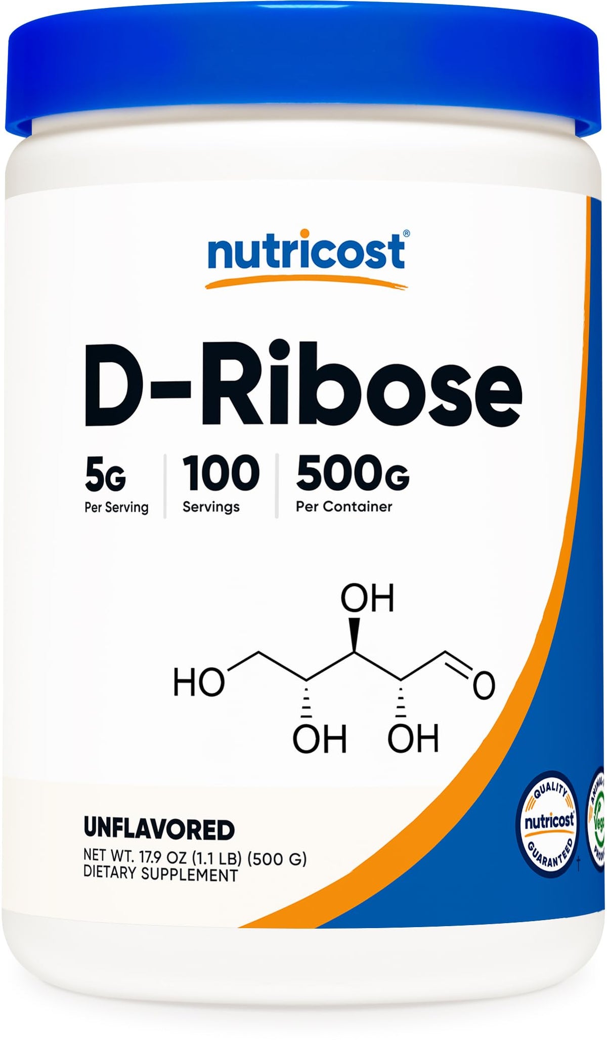 Nutricost D‑Ribose Poudre, bouteille 500 g, dosages pratiques et sans OGM.