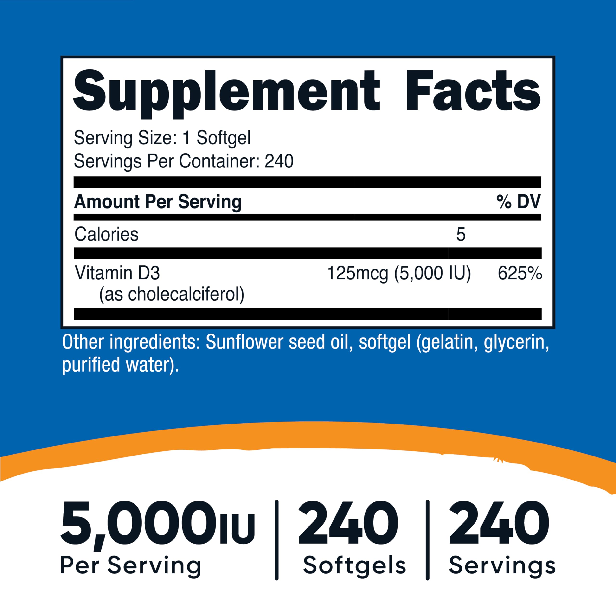 Étiquette Nutricost indiquant 5 000 UI par gélule, dosage clair.