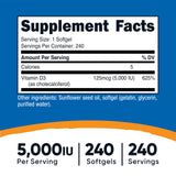 Étiquette Nutricost indiquant 5 000 UI par gélule, dosage clair.