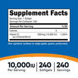 Gélules molles Nutricost D3 10000 UI : absorption pratique et rapide.