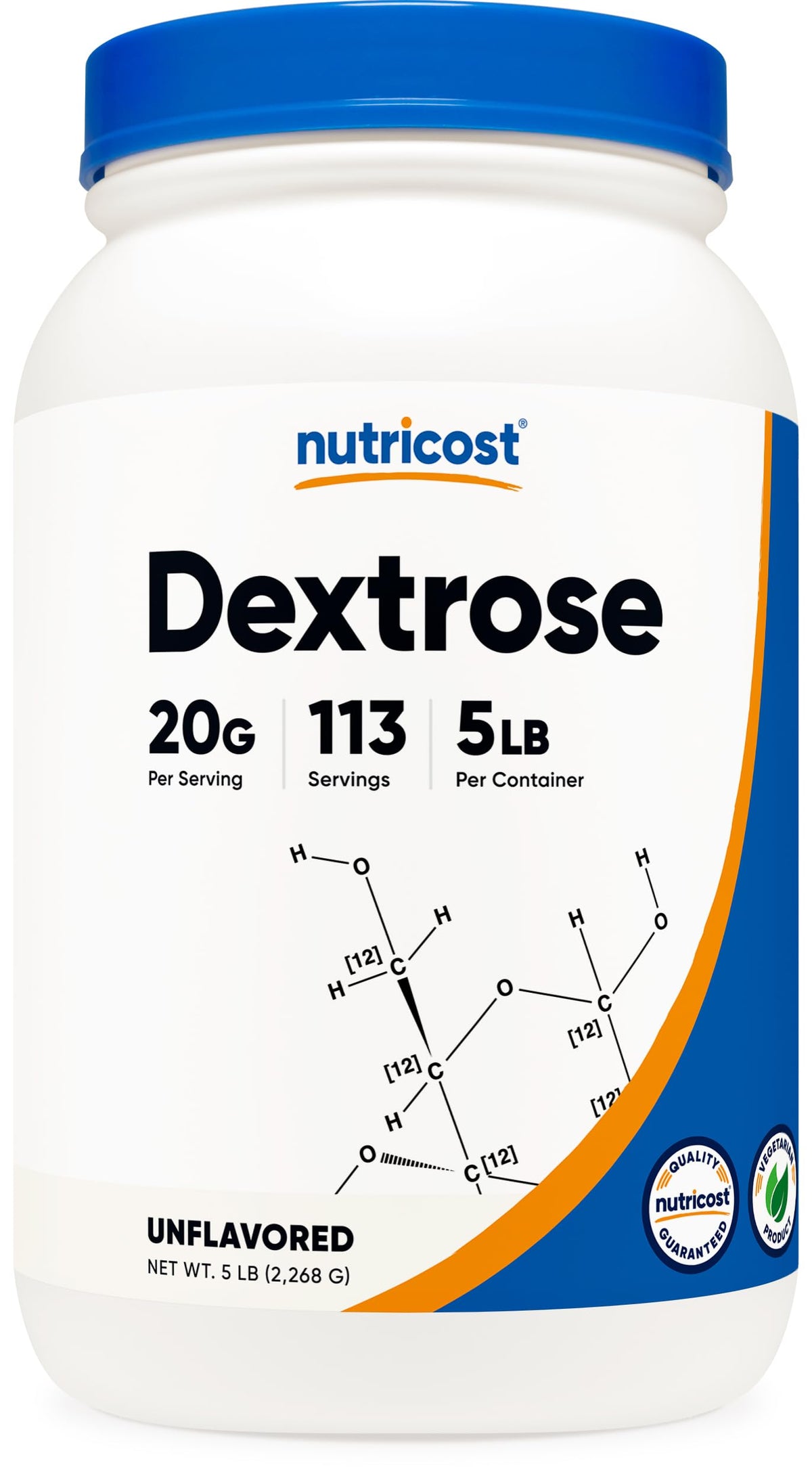 Nutricost Dextrose Poudre 5 livres visible en bouteille, texture fine pour mélanges faciles.