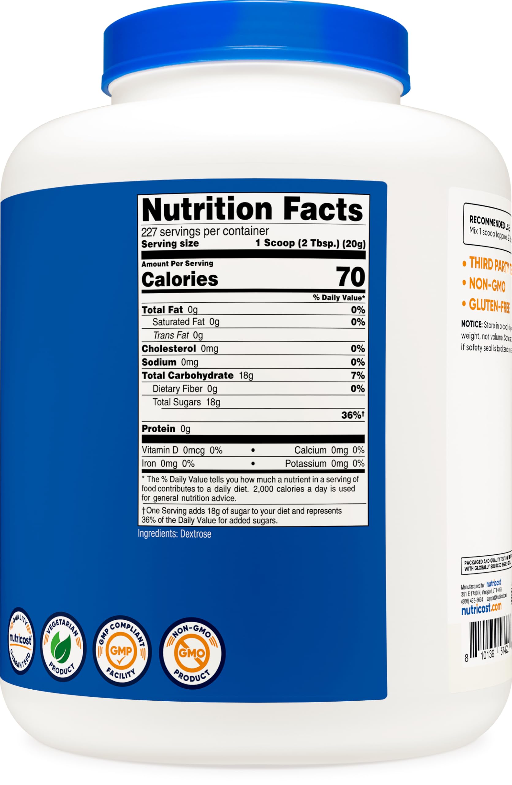 Nutricost Dextrose en poudre, utile dans boissons énergétiques et shakes maison.