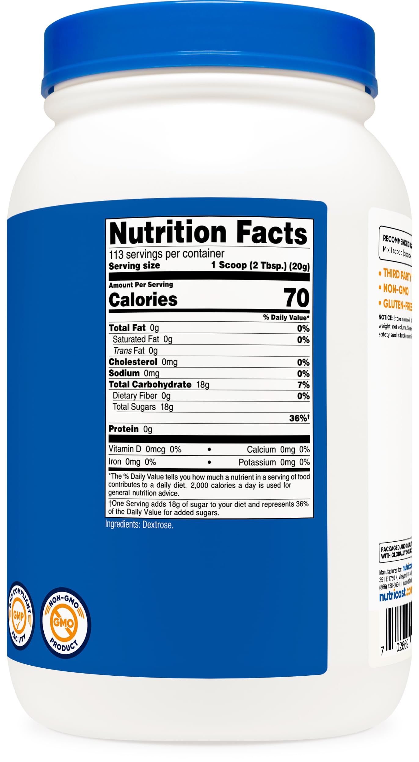 Nutricost Dextrose Poudre emballage pratique et résistant, idéal pour stockage.