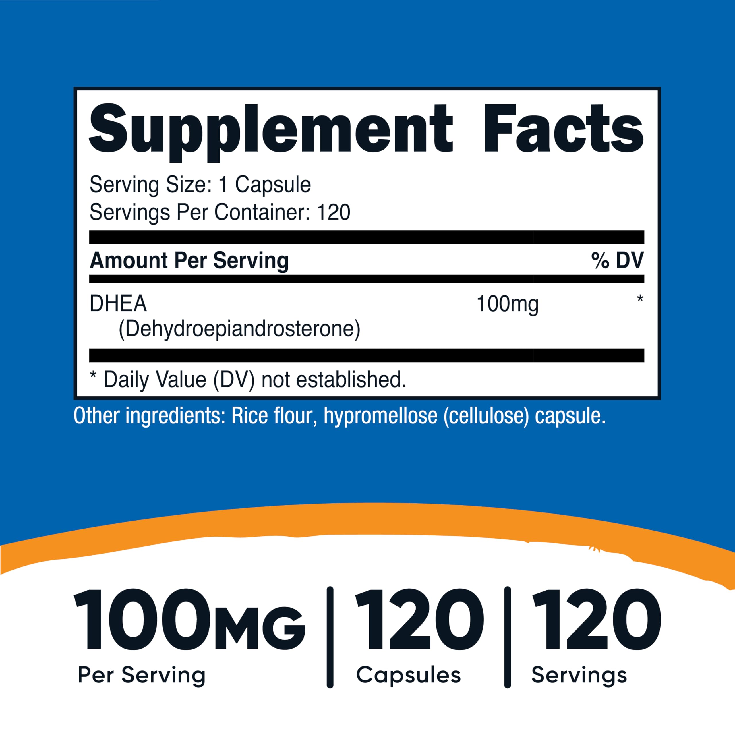 Capsules Nutricost DHEA 100 mg, faciles à avaler.
