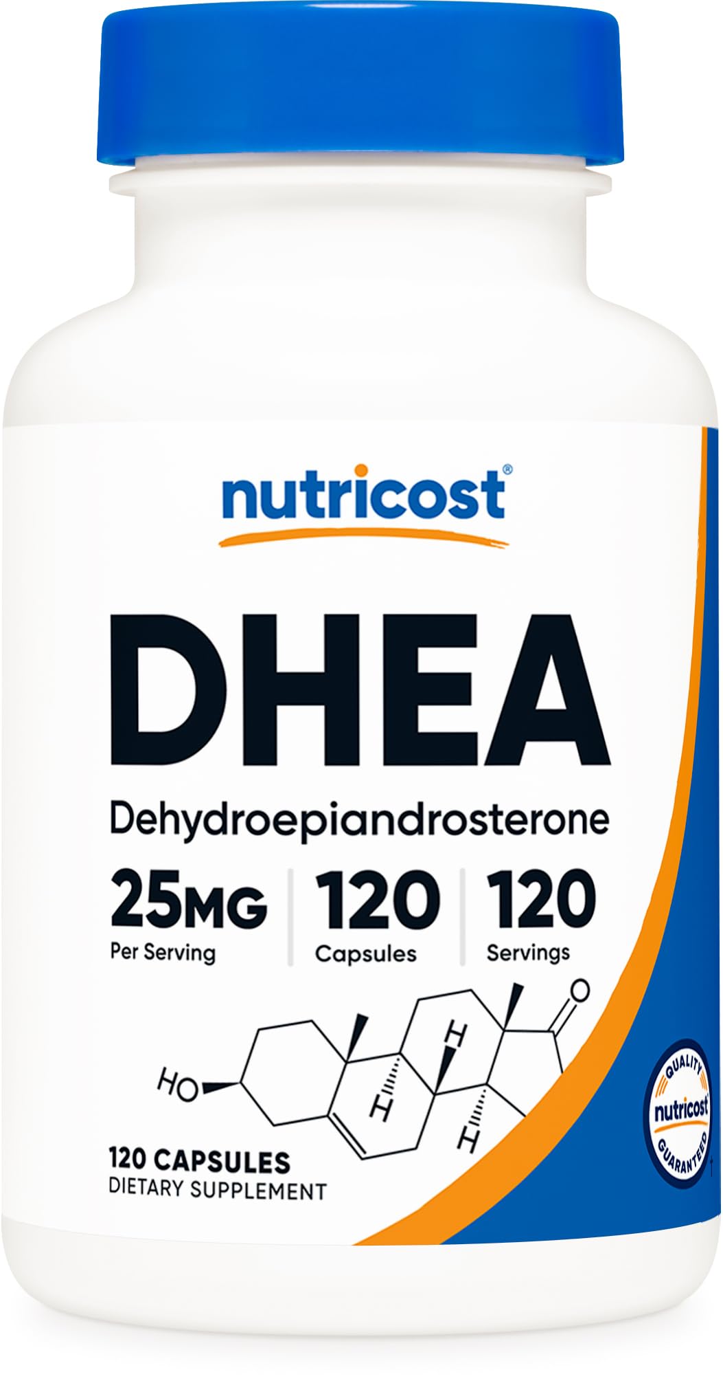 Nutricost DHEA 25mg - bouteille de capsules, format pratique pour usage quotidien.