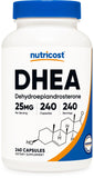 Nutricost DHEA 25 mg, bouteille, dosage pratique pour routine quotidienne.