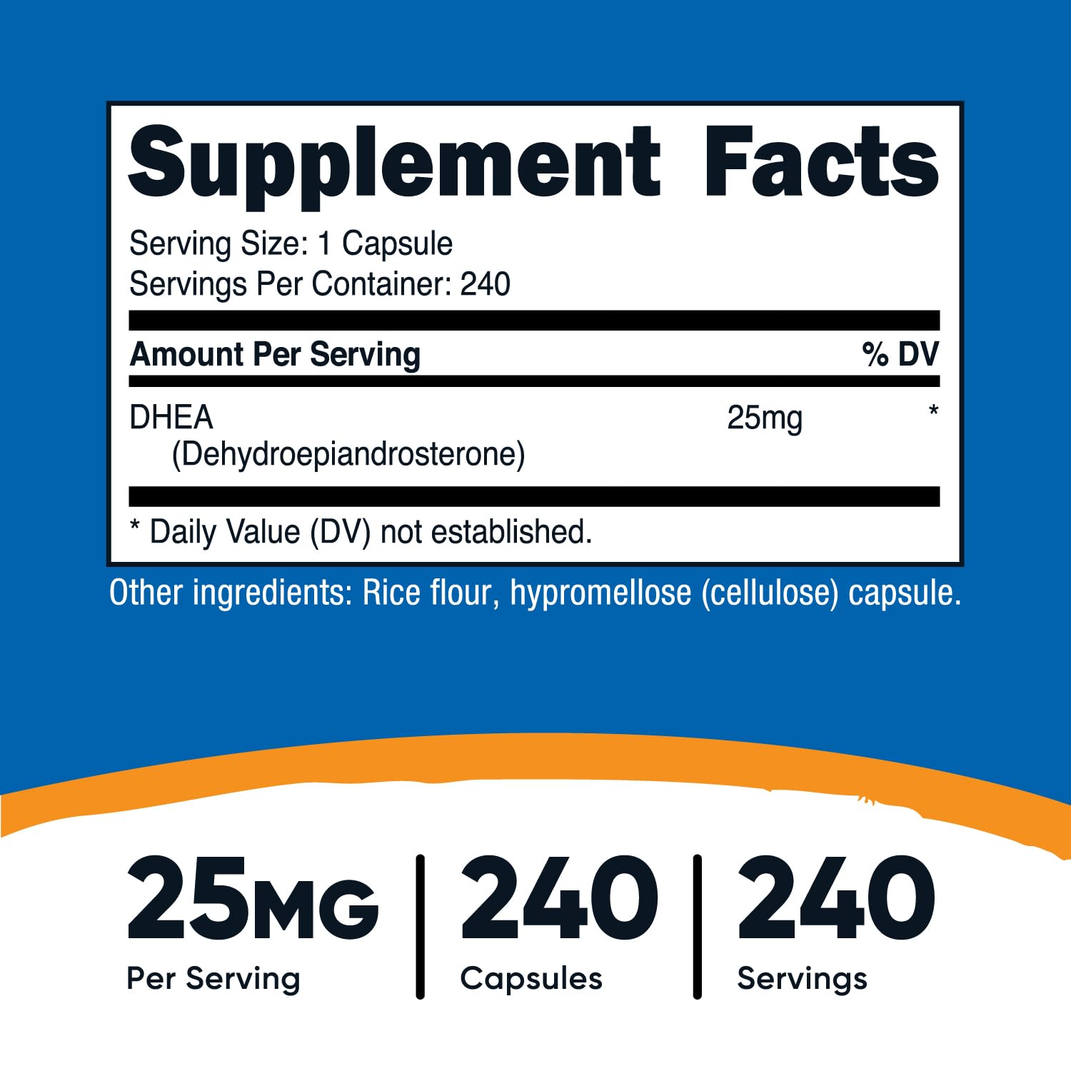 Capsules Nutricost DHEA 25 mg, format pratique et rapide à prendre.
