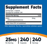 Capsules Nutricost DHEA 25 mg, format pratique et rapide à prendre.