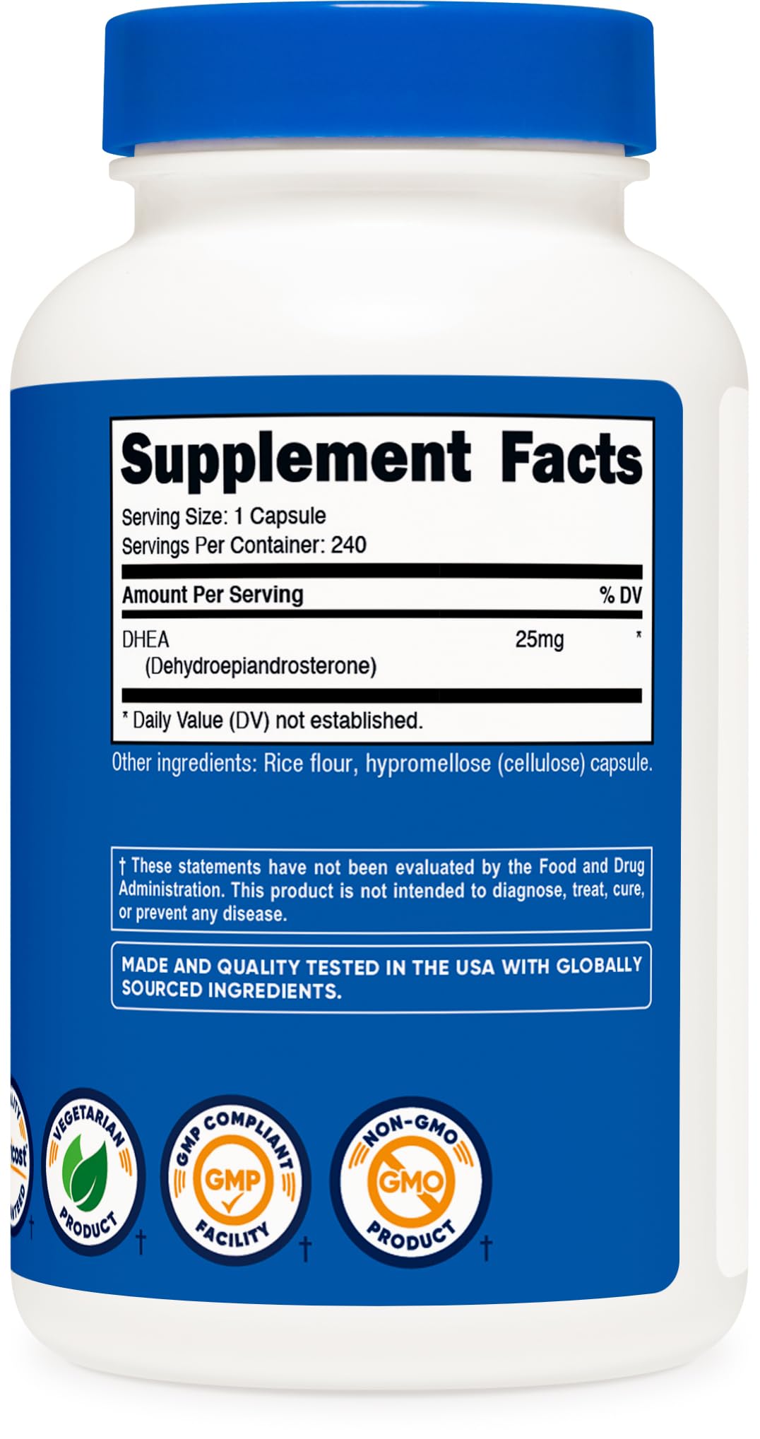 Emballage Nutricost DHEA 25 mg, traçabilité et sécurité.