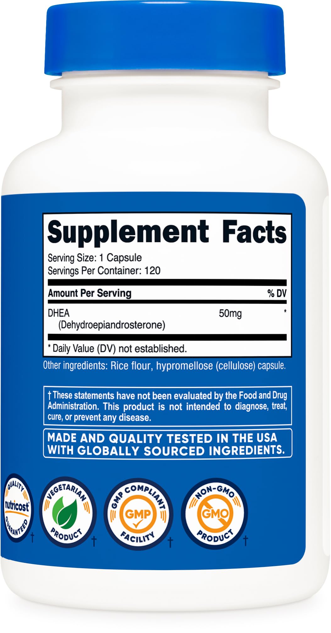 Nutricost DHEA 50 mg emballage GMP: fabrication fiable et conforme.