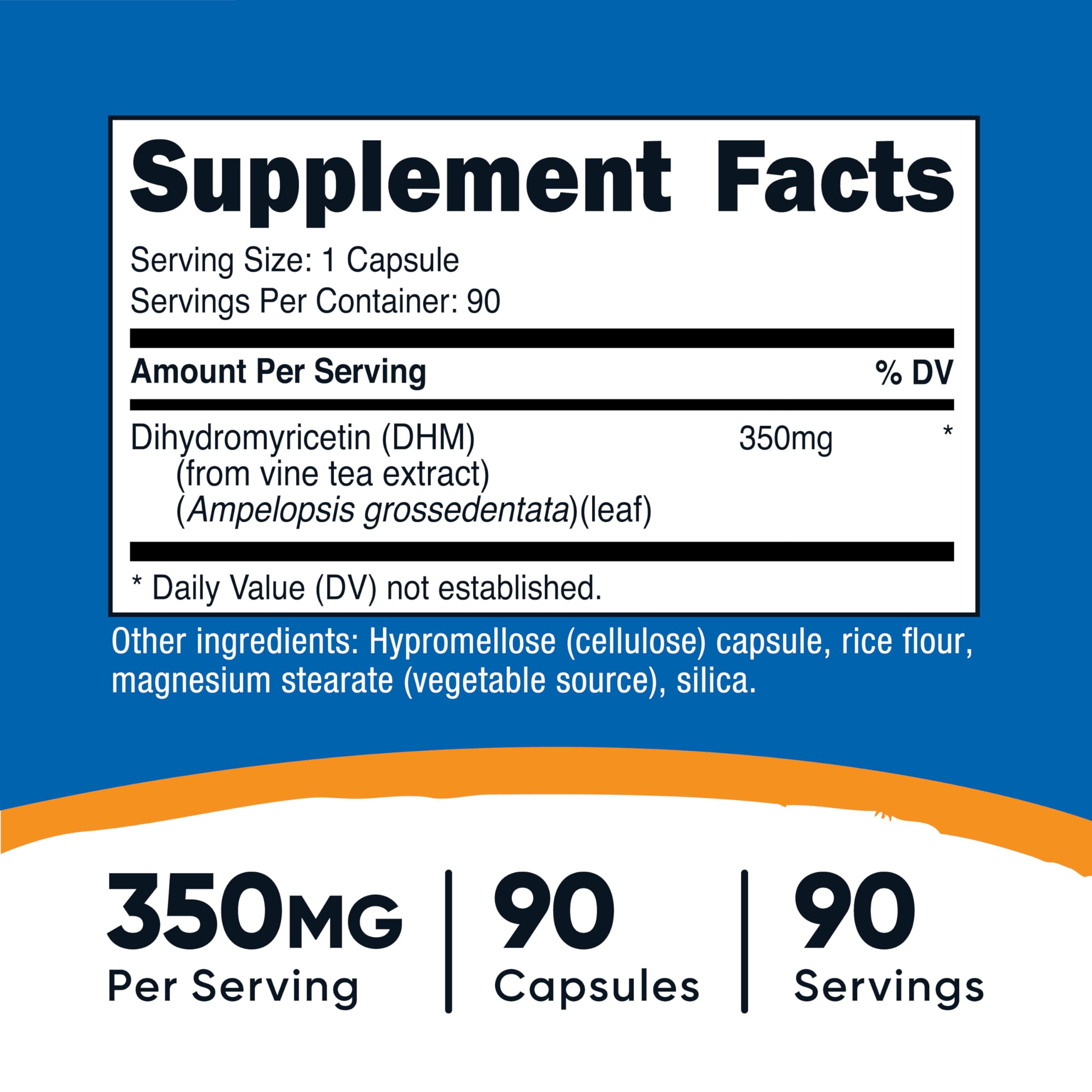 Étiquette lisible indiquant le dosage par gélule de 350 mg Nutricost DHM.