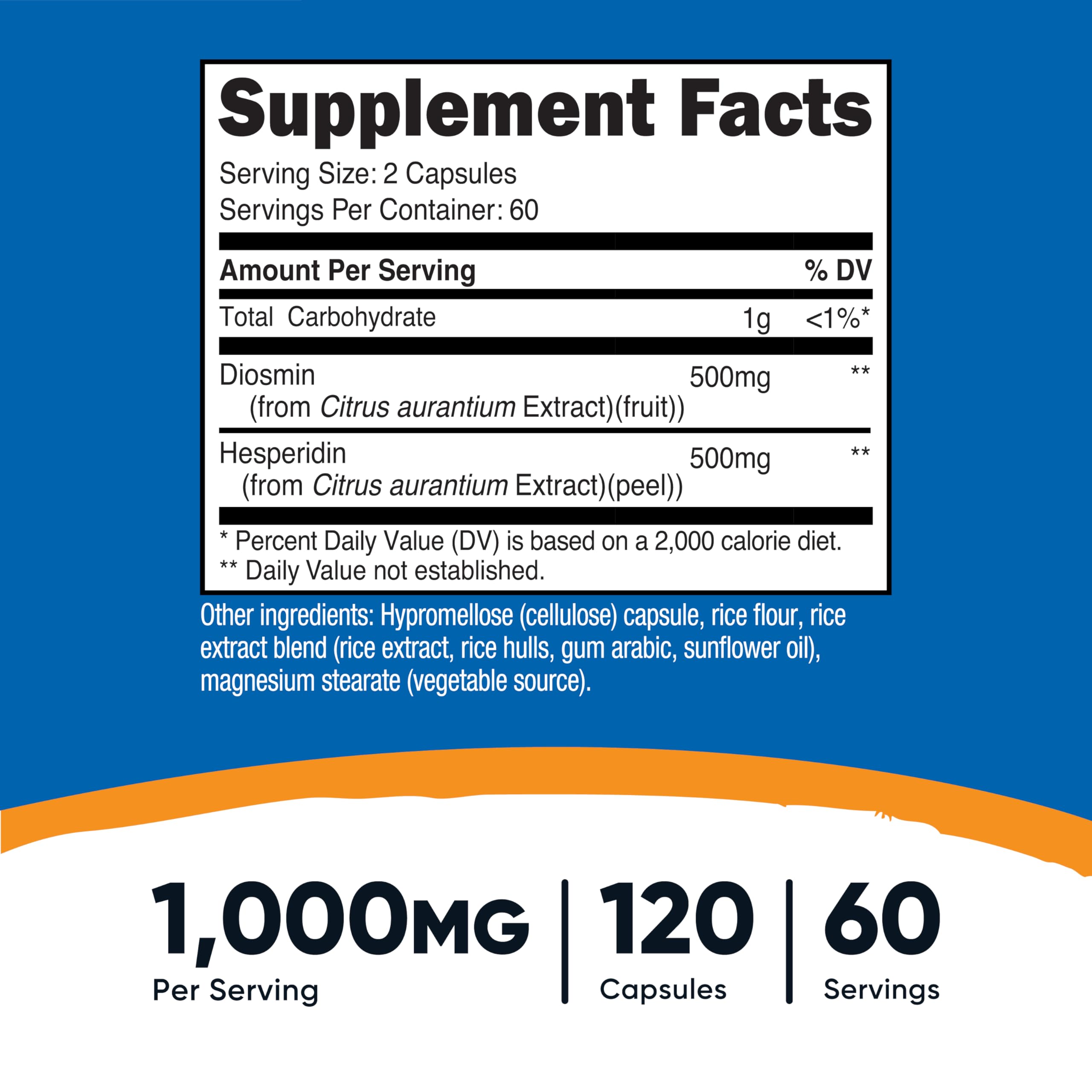 Nutricost Diosmine avec Hespéridine – étiquette affiche les ingrédients vegan et sans allergènes