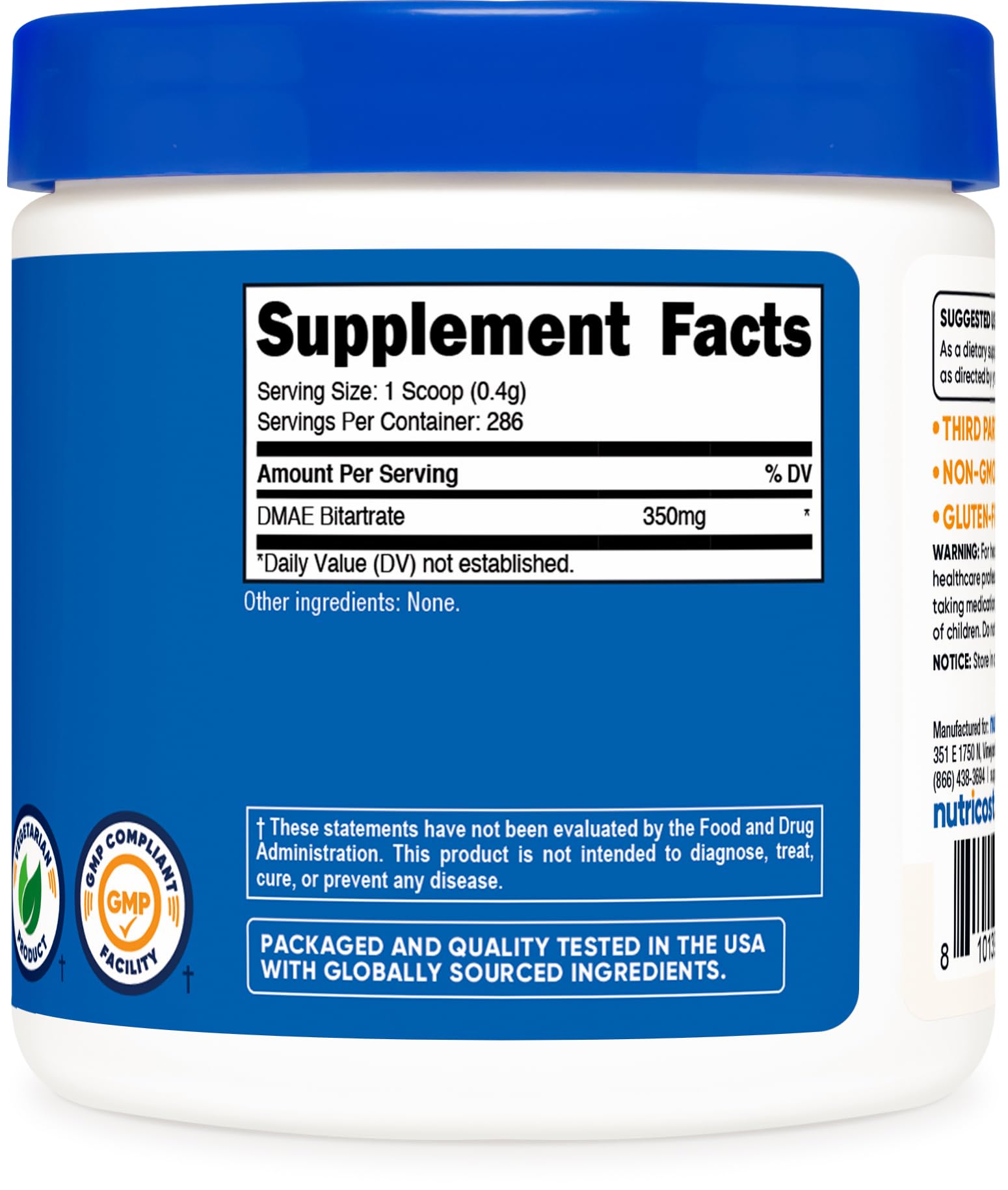 Nutricost DMAE-Bitartrate emballage étiquetage GMP-FDA, informations claires