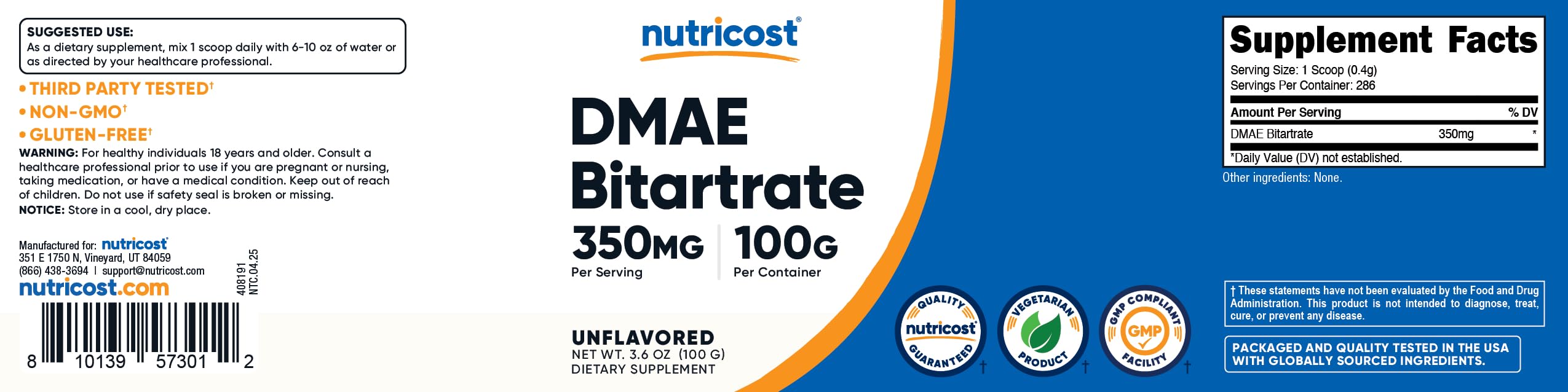 Nutricost DMAE-Bitartrate utilisation en mélanges sûr et pratique