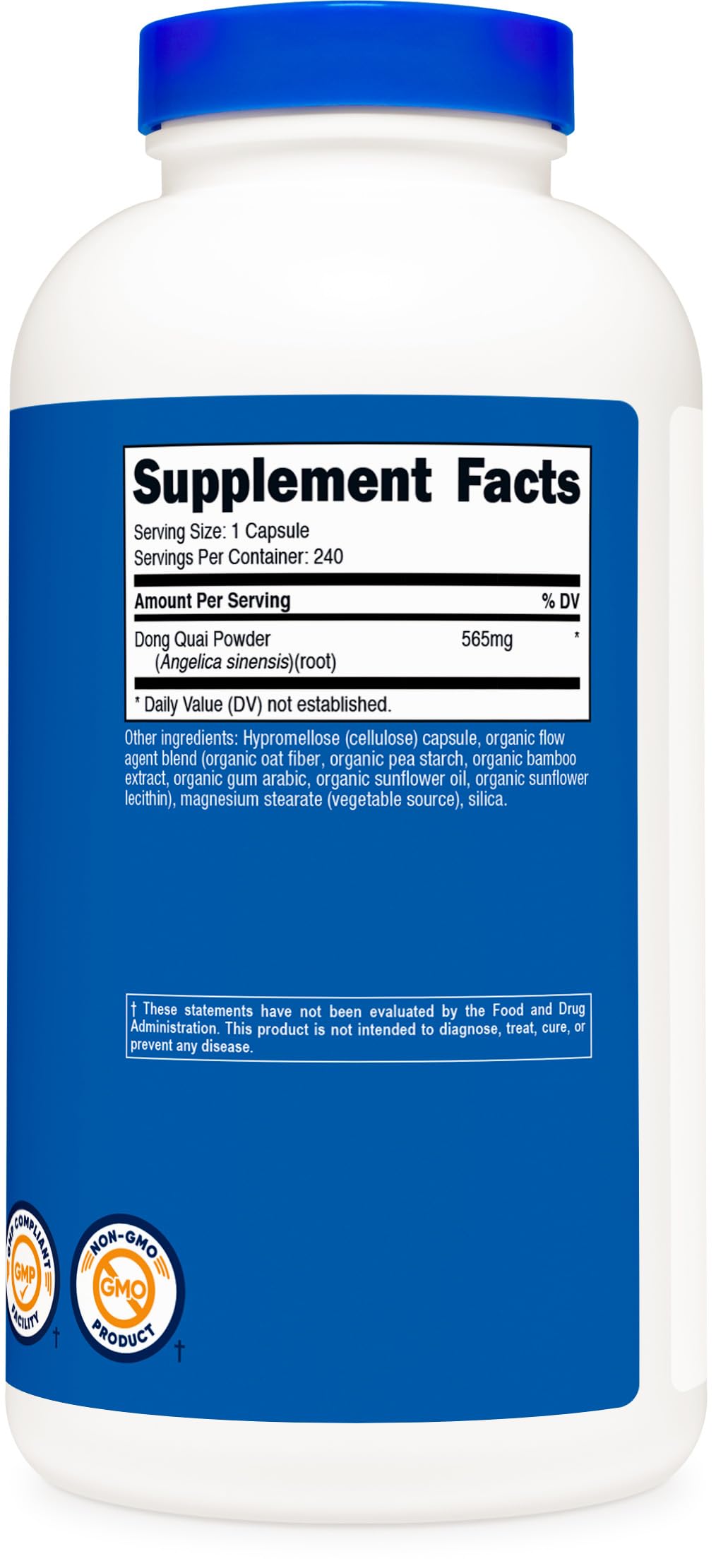 Nutricost Dong Quai 565mg bouteille ouverte – dosage quotidien facilité.