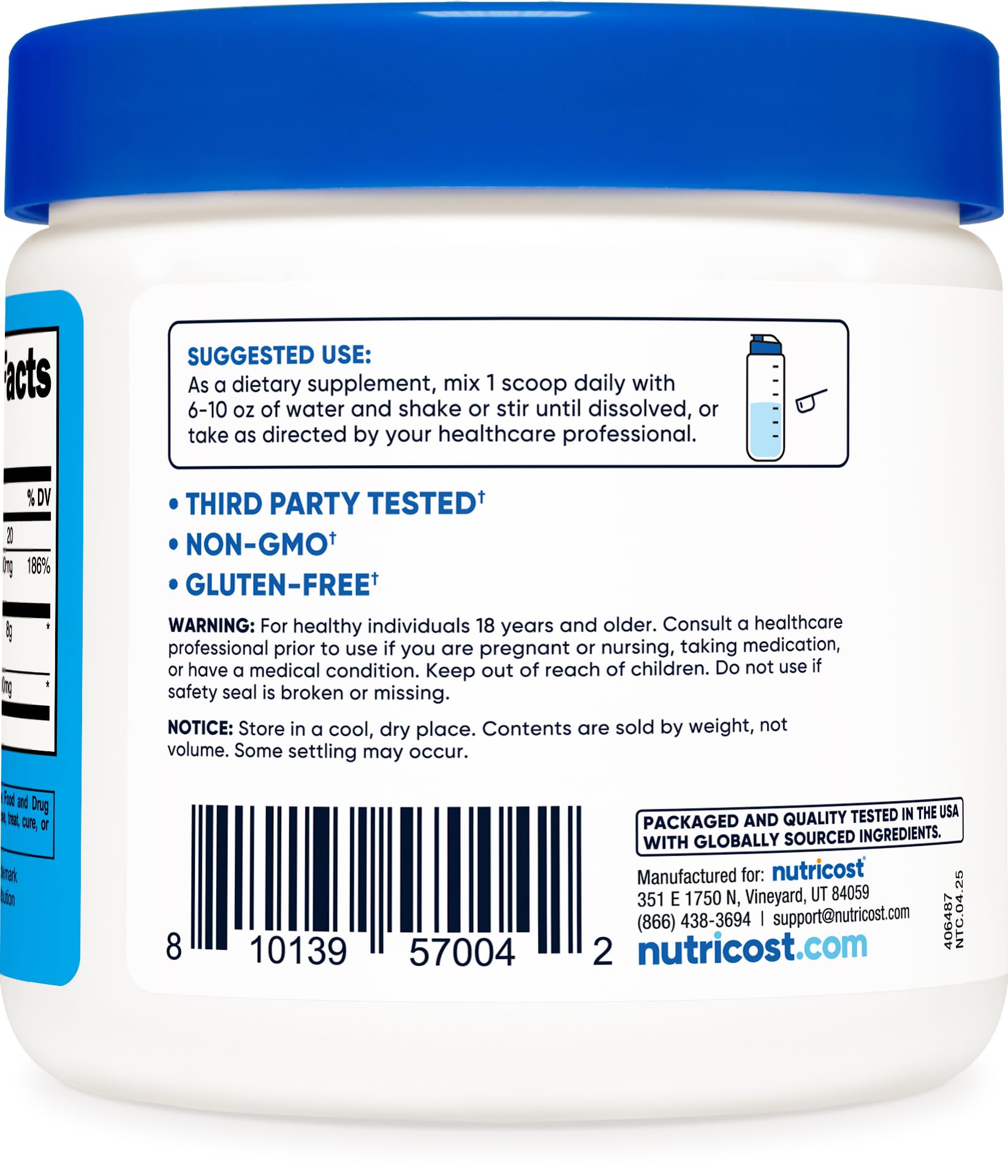 Nutricost doseur de portion, montre clairement la portion de 7,2 g pour votre keto.
