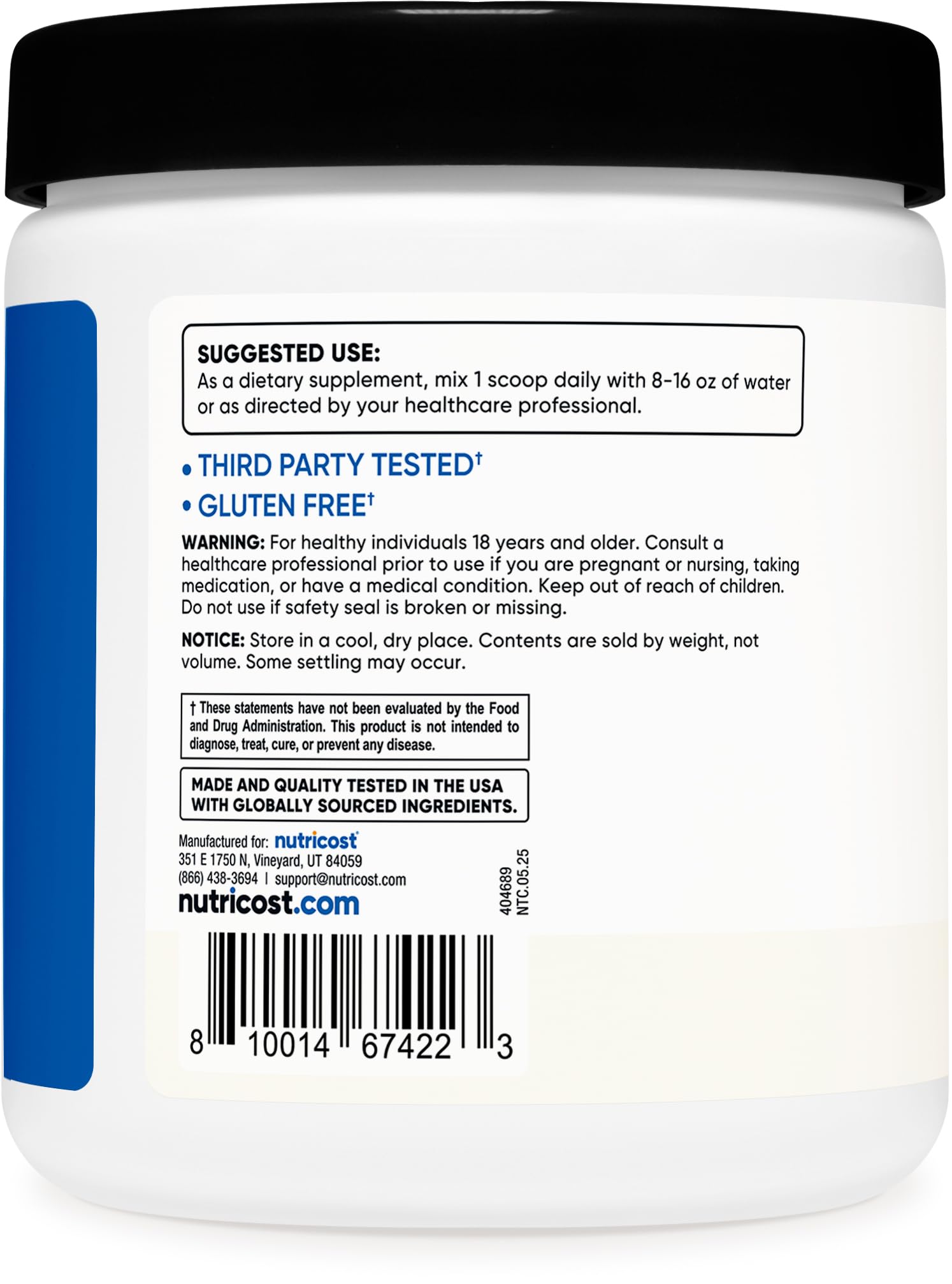 Nutricost EAA certifié NSF GMP: produit sûr, sans OGM et sans gluten.