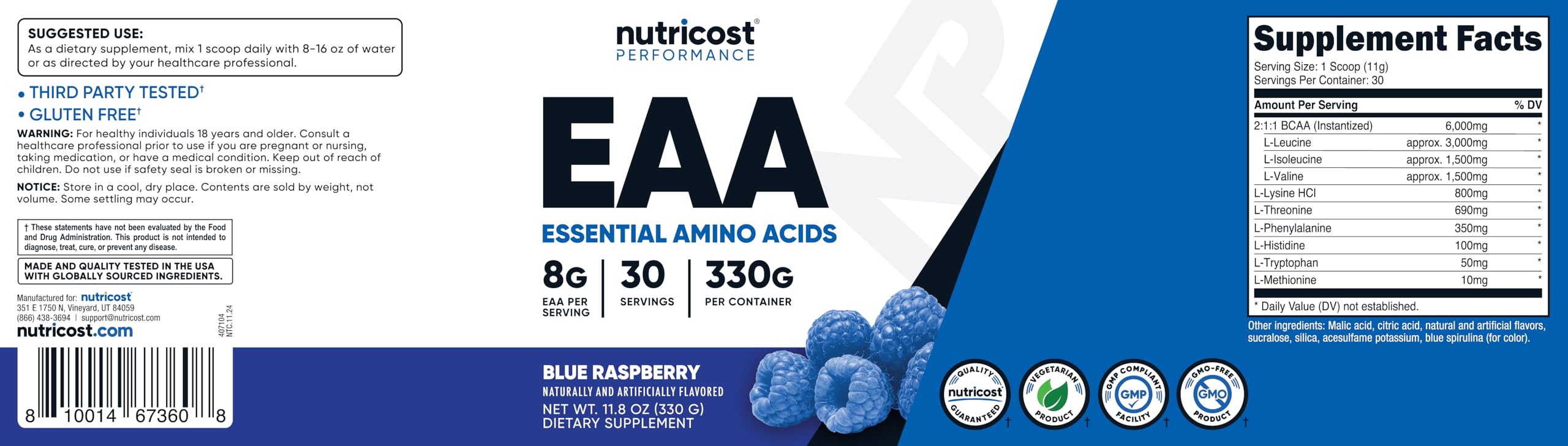 Nutricost poudre acides aminés essentiels emballage clair convainc par la qualité