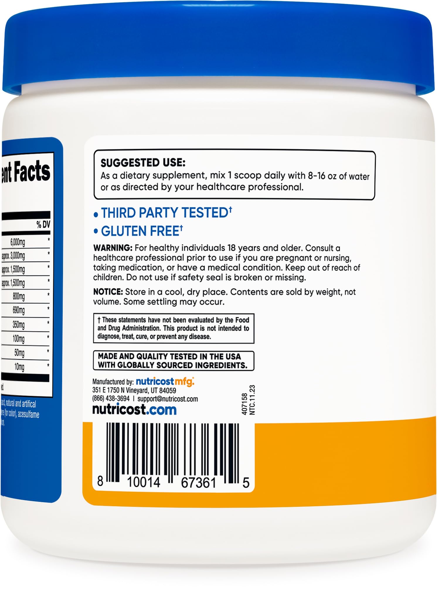 Nutricost EAA Poudre Pêche Mangue BCAA 2:1:1 instantanisés pour récupération rapide