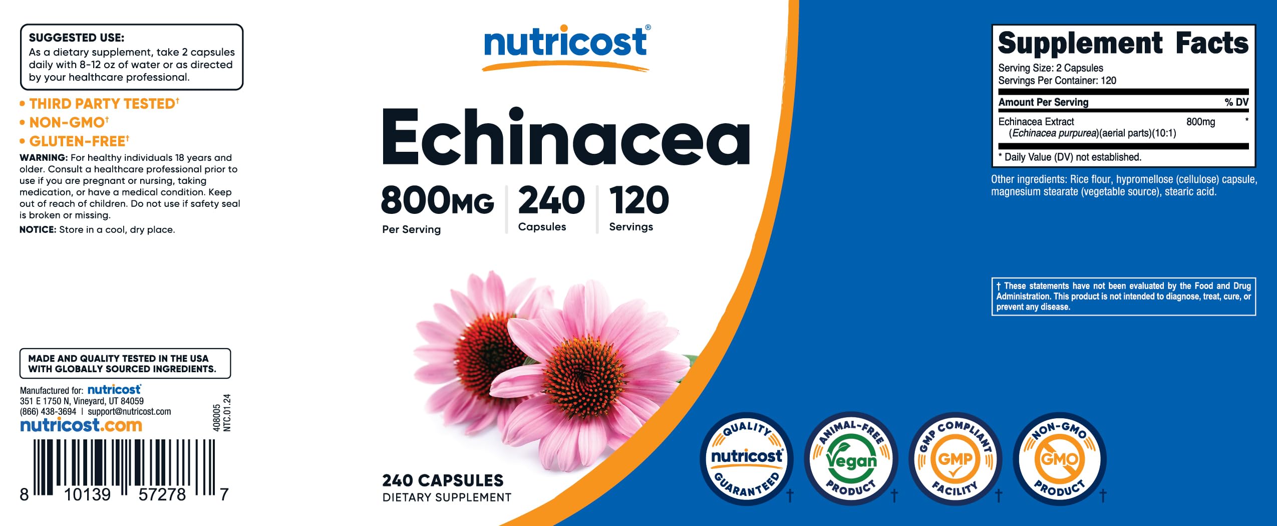 Nutricost Echinacea – dosage de 800 mg par portion, pratique à suivre