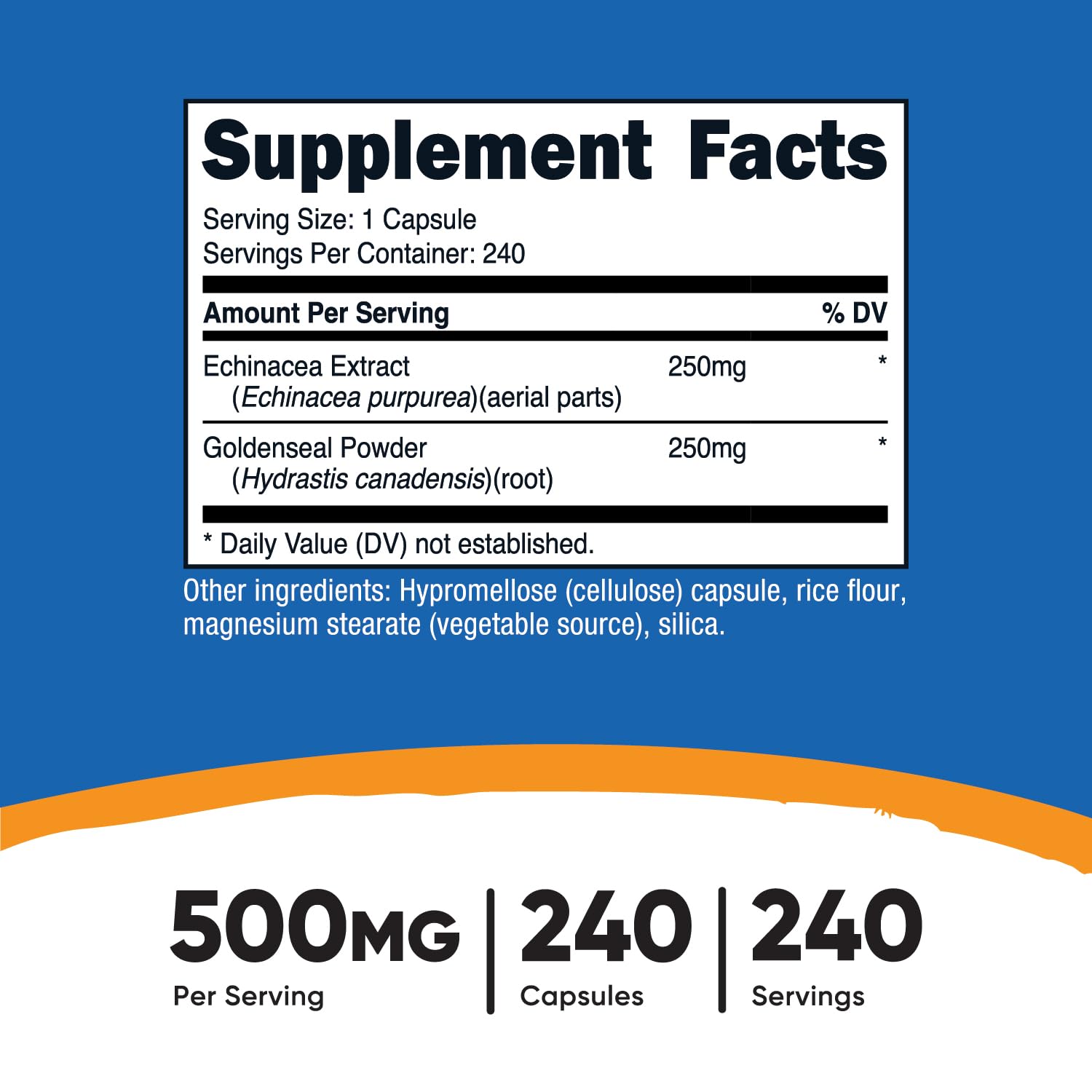 Nutricost echinacee et hydraste jaune, etiquette claire et informations sur chaque gélule végétarienne.