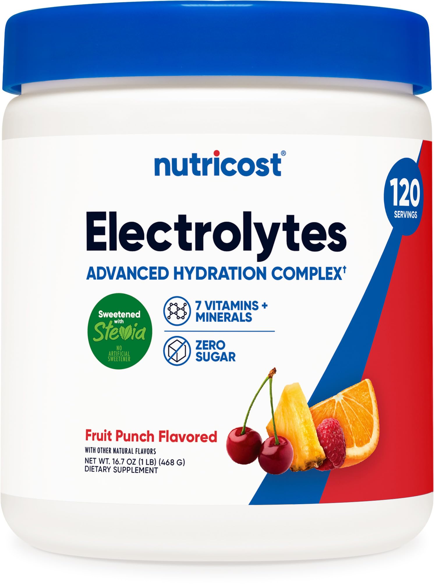 Nutricost Électrolyte Complexe poudre, emballage Fruit Punch; hydratation pratique et savoureuse.