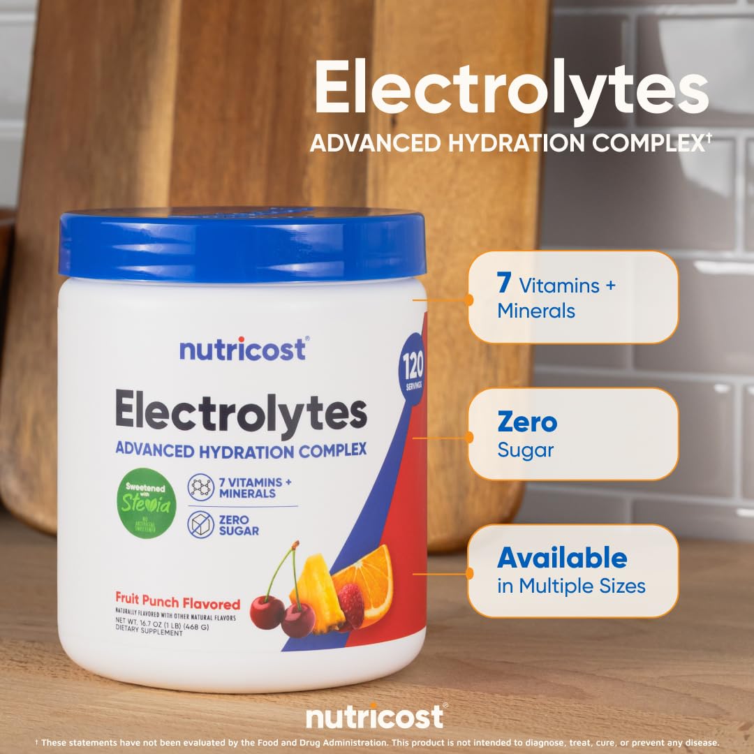 Nutricost Électrolyte Complexe poudre, hydratation quotidienne pratique et savoureuse.