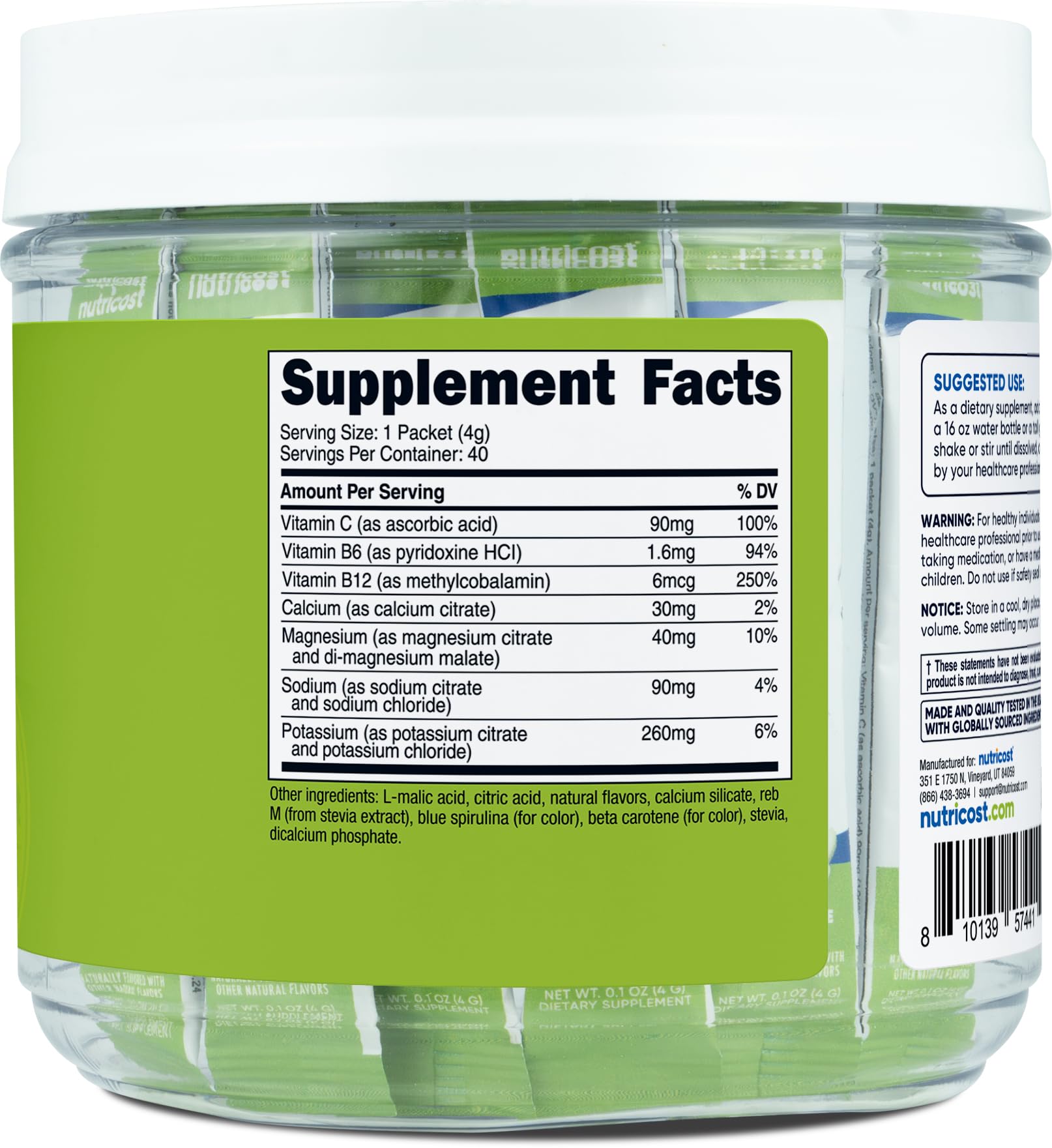 Nutricost Électrolytes Complex, étiquette GMP et tests indépendants pour la qualité.