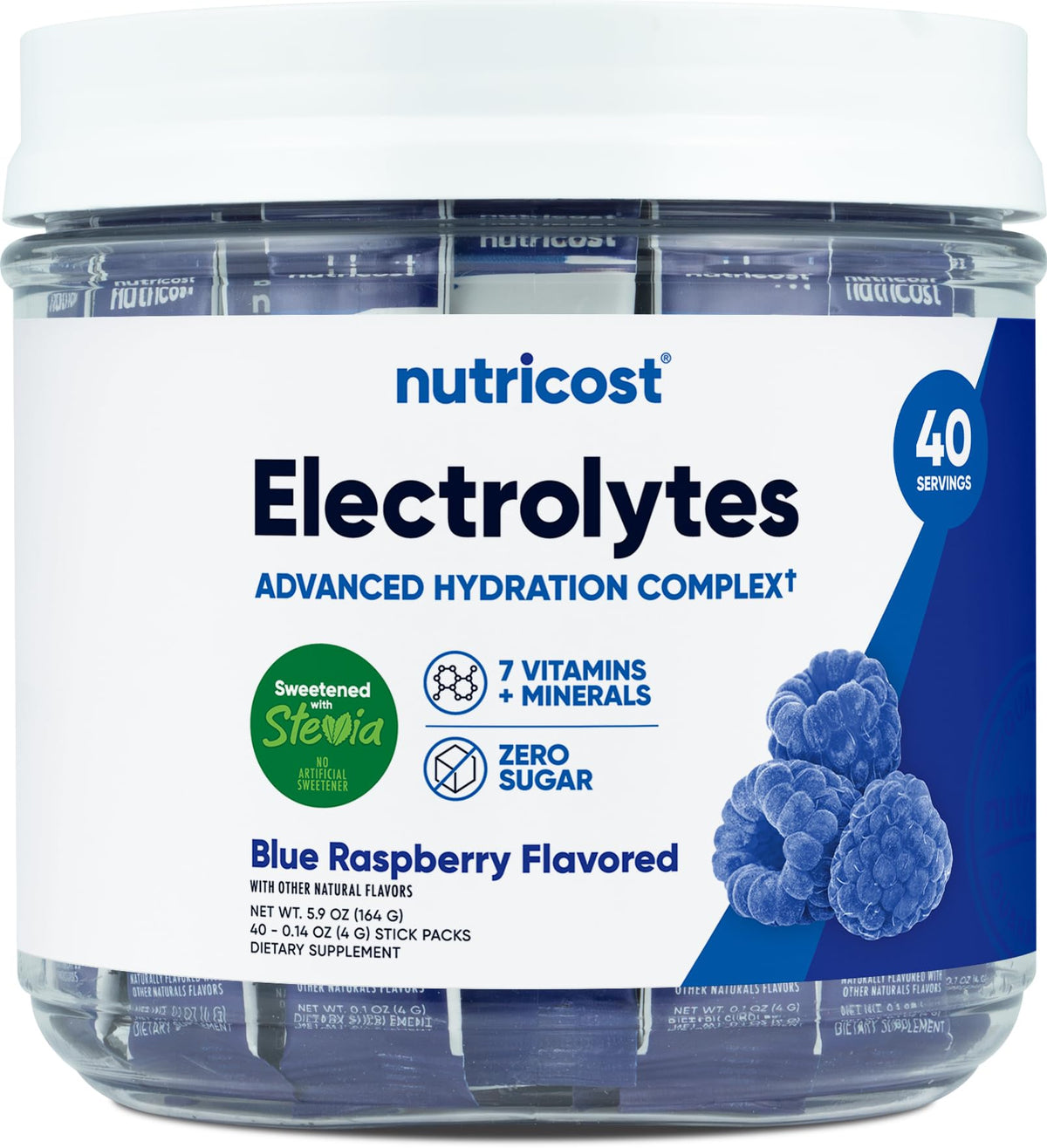 Nutricost Electrolytes Complex flacon framboise bleue pour hydratation rapide.