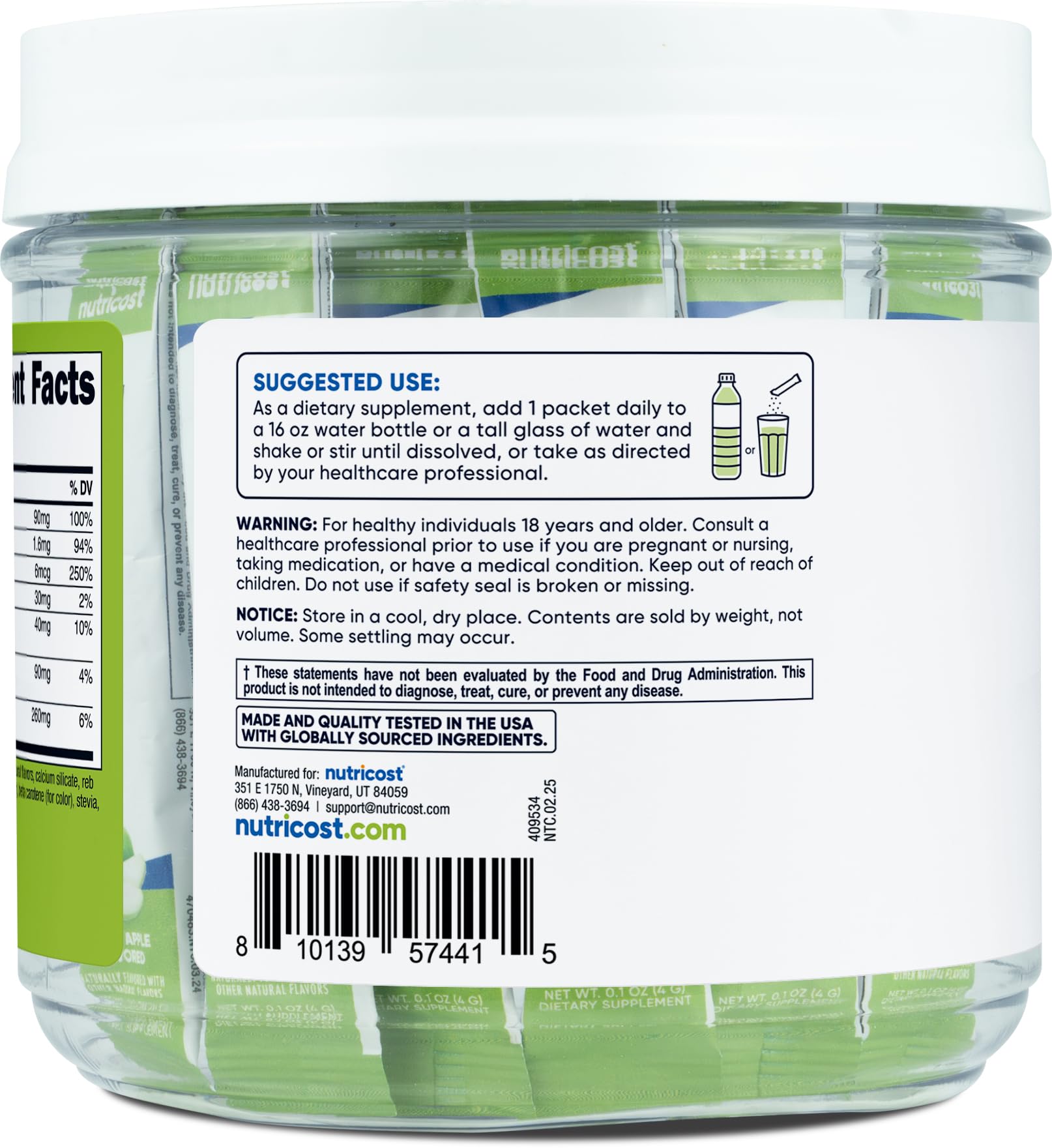 Nutricost Électrolytes Complex, emballage individuel facilitant l'hydratation nomade.