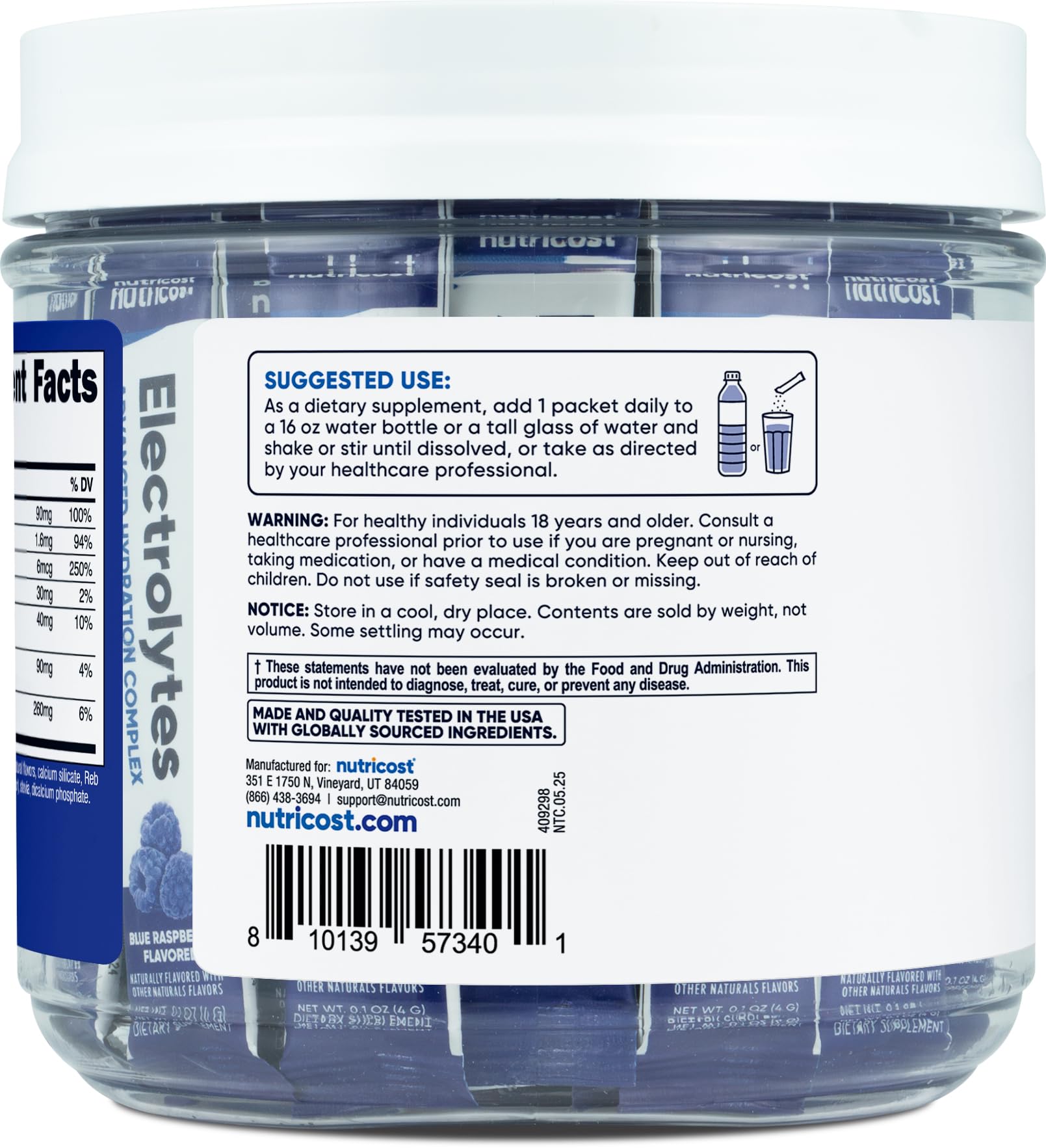 Formule zéro sucre Nutricost Electrolytes Complex, hydratation sans sucre ajouté.