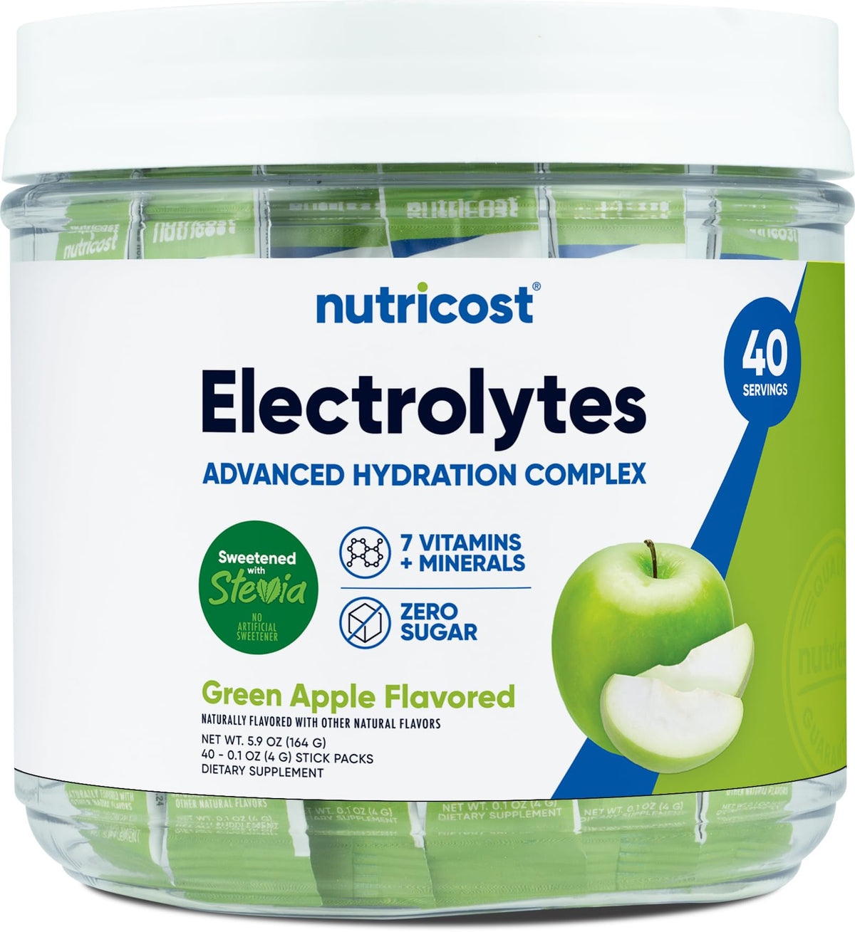 Nutricost Électrolytes Complex stick pomme verte prêt à hydrater vos déplacements.