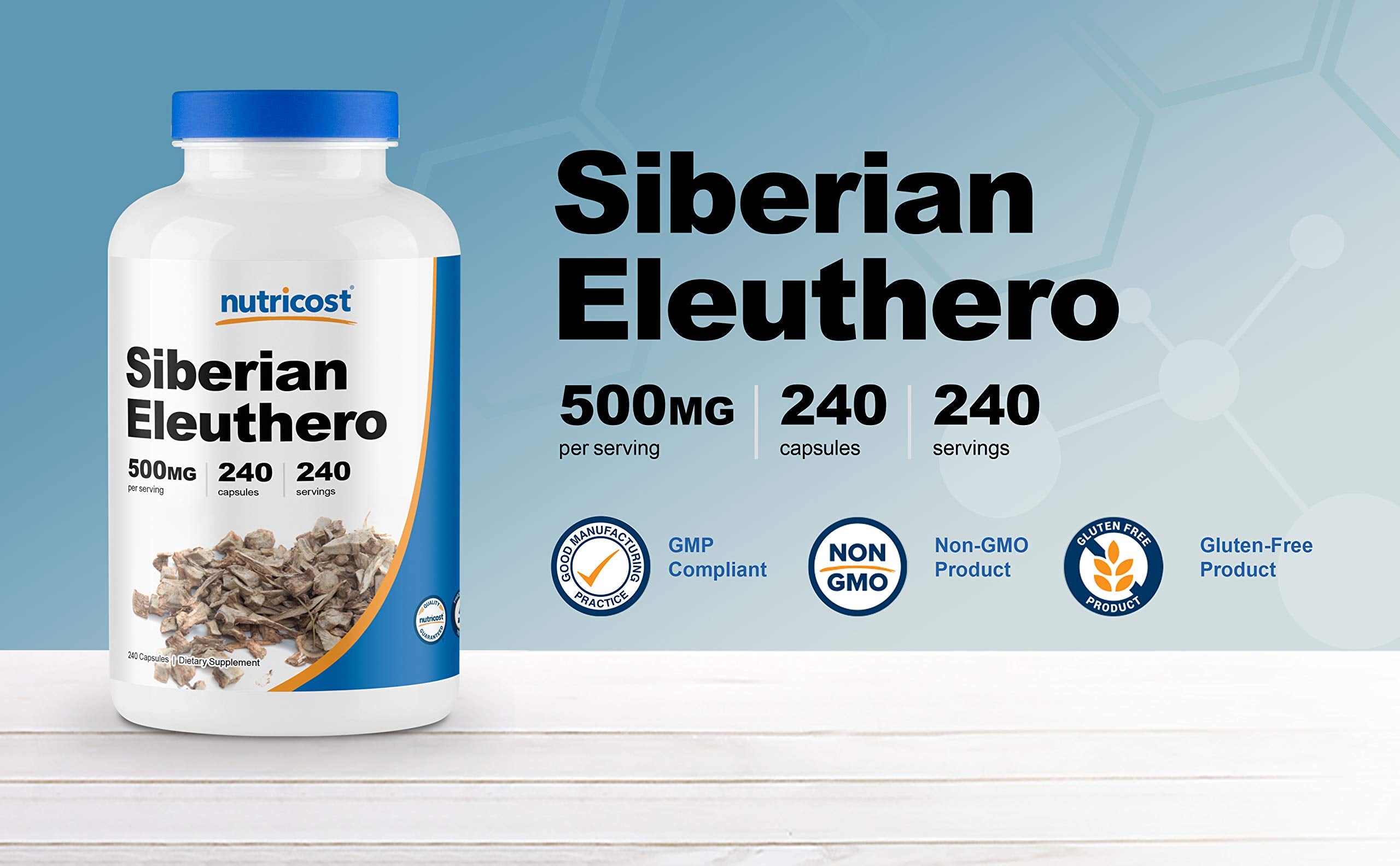 Nutricost Eleuthero sibérien 500 mg - étiquette lisible et transparente